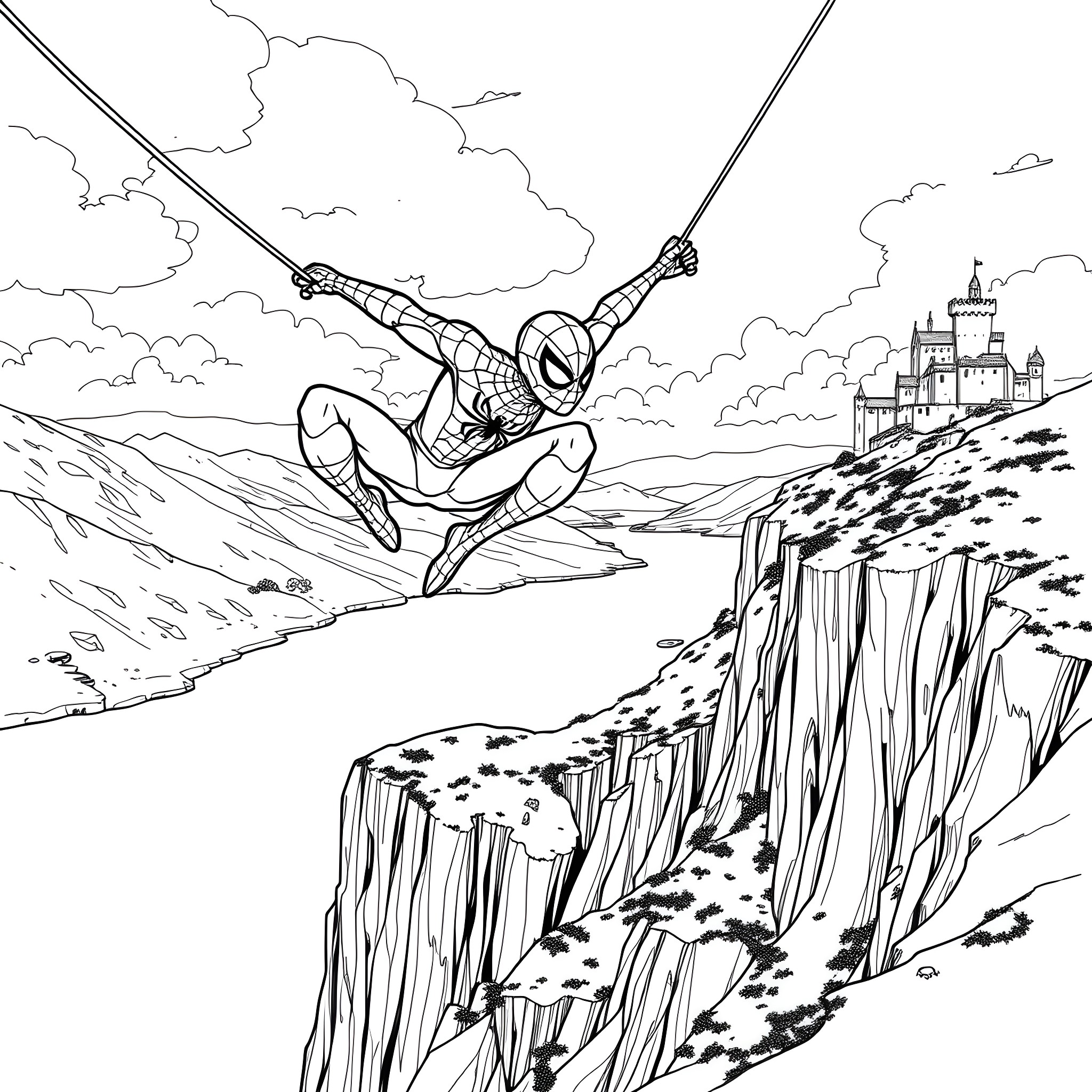 Spiderman swinging through the air over cliffs and castle Coloring Page (free black-and-white line drawing printable PDF for all, from beginners to advanced learners, including children, teens, adults, and seniors)