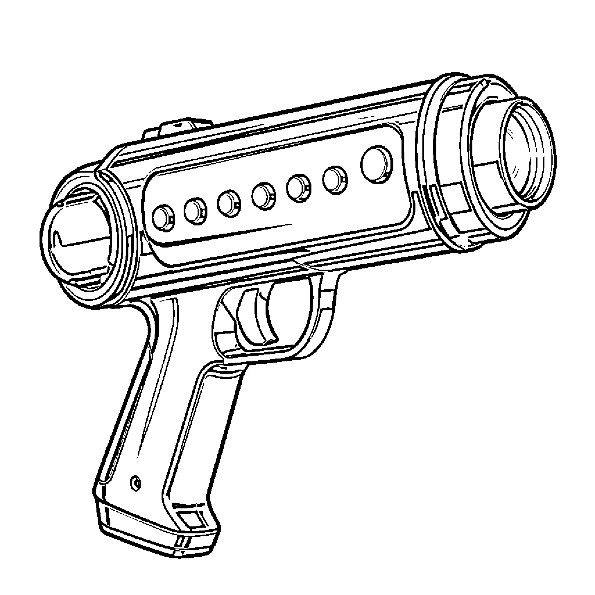 Ray Gun with Futuristic Design and Buttons Coloring Page (free black-and-white line drawing printable PDF for all, from beginners to advanced learners, including children, teens, adults, and seniors)