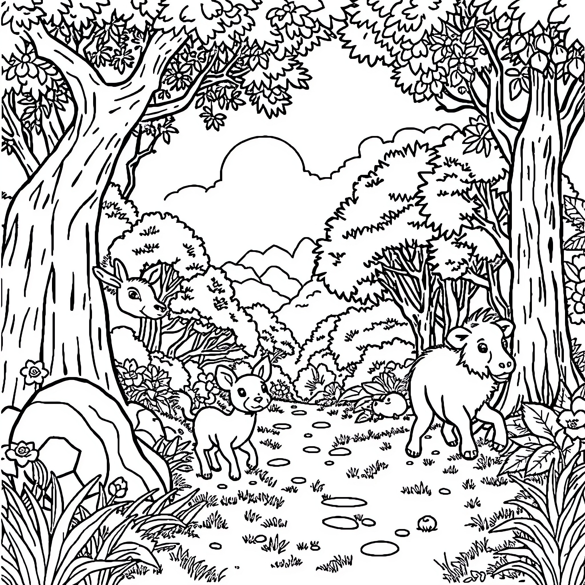 Animal Scene in Lush Forest Habitat Coloring Page (free black-and-white line drawing printable PDF for all, from beginners to advanced learners, including children, teens, adults, and seniors)