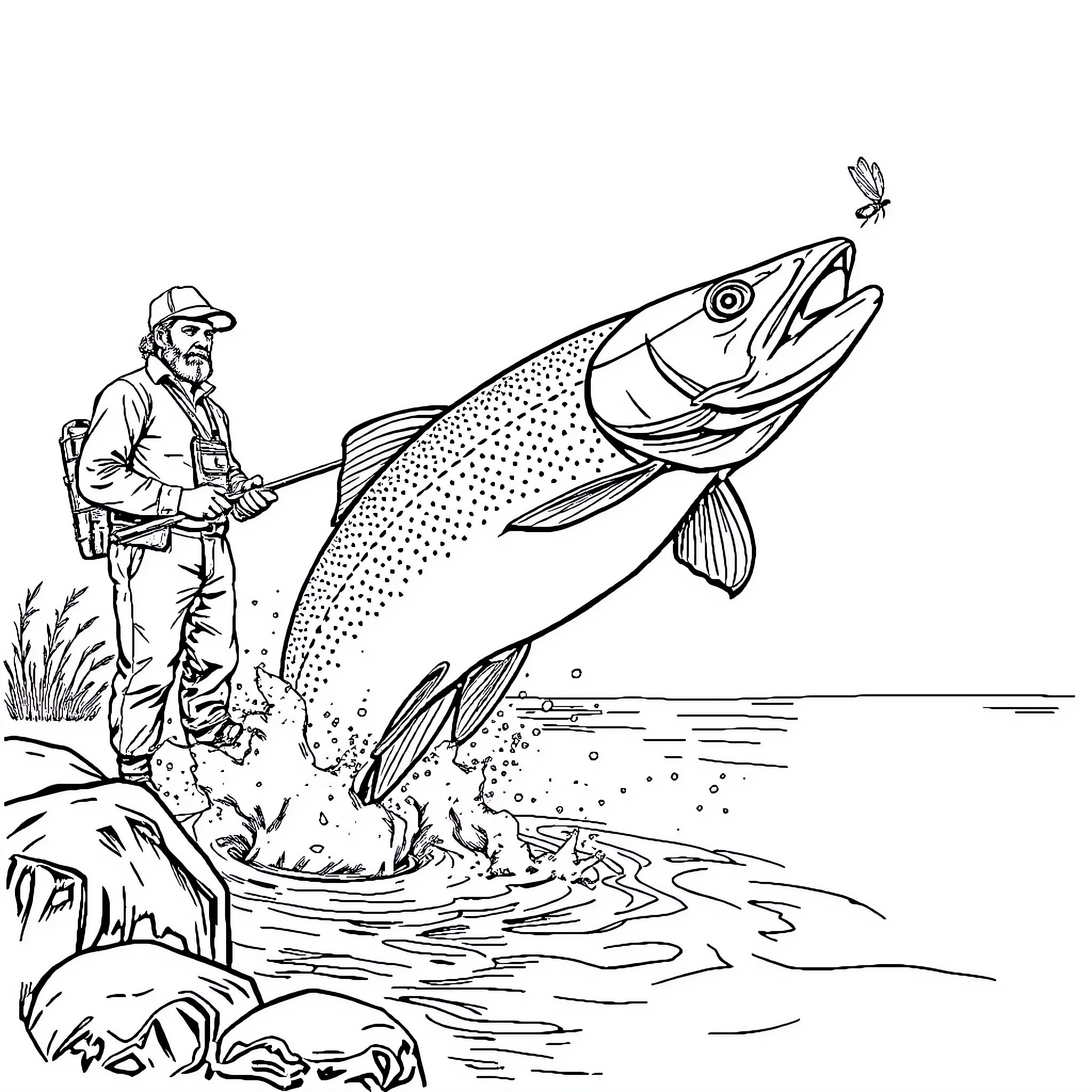 Trout caught by fisherman in the wild Coloring Page (free black-and-white line drawing printable PDF for all, from beginners to advanced learners, including children, teens, adults, and seniors)