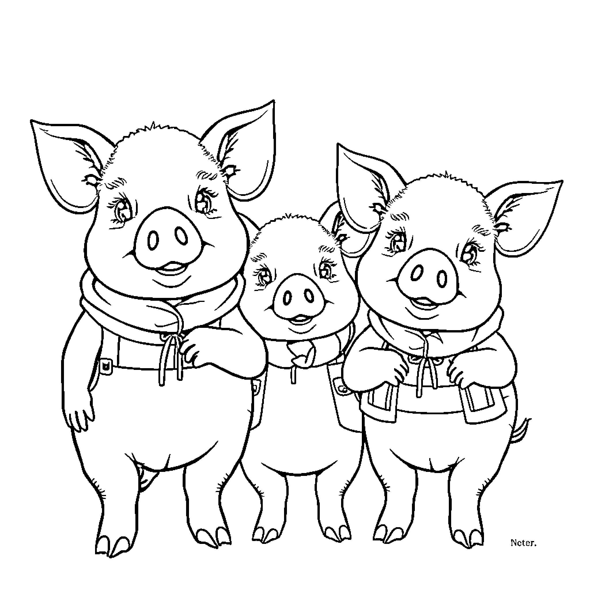Pig family in festive outfits Coloring Page (free black-and-white line drawing printable PDF for all, from beginners to advanced learners, including children, teens, adults, and seniors)