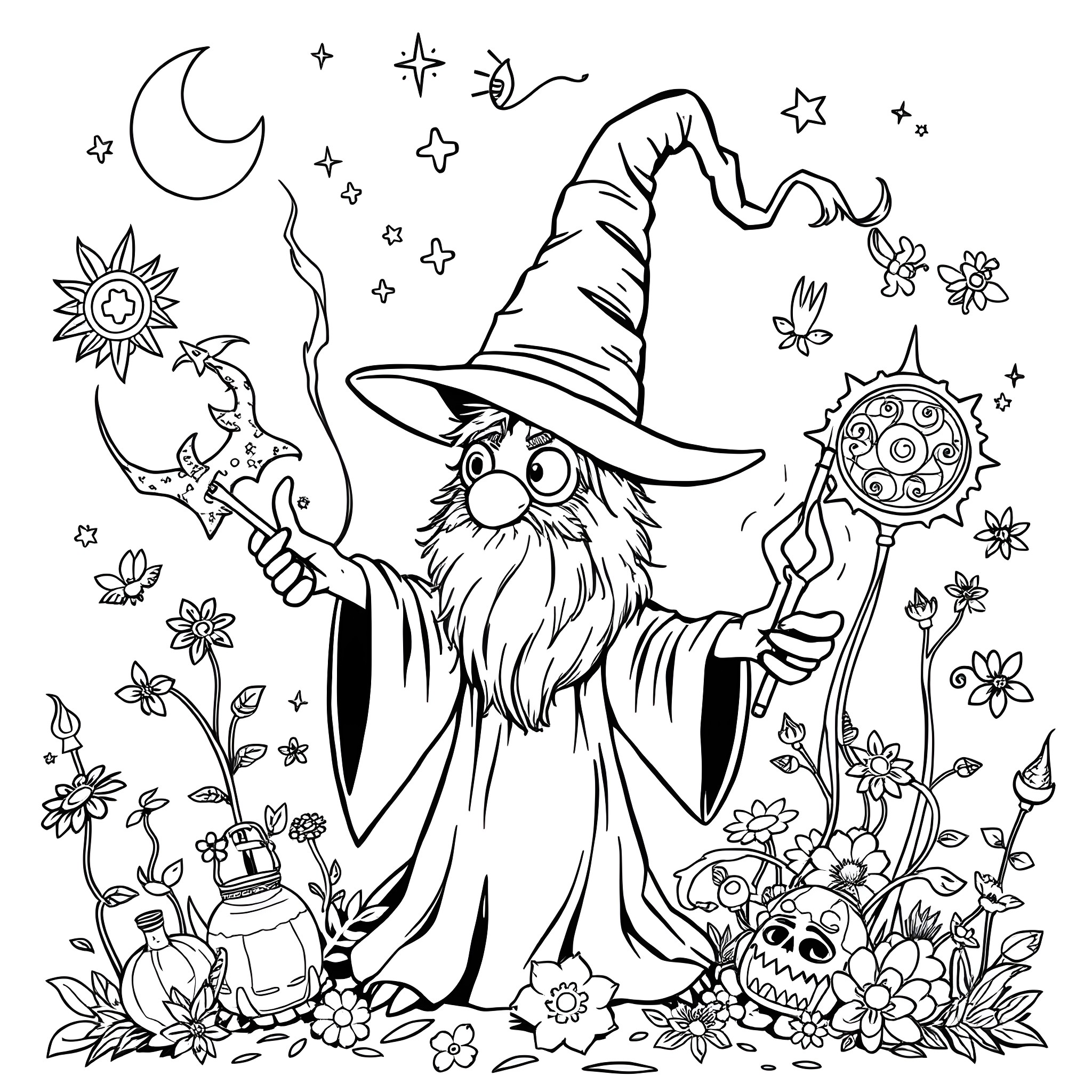 Worm Wizard casting spells in a magical garden Coloring Page (free black-and-white line drawing printable PDF for all, from beginners to advanced learners, including children, teens, adults, and seniors)