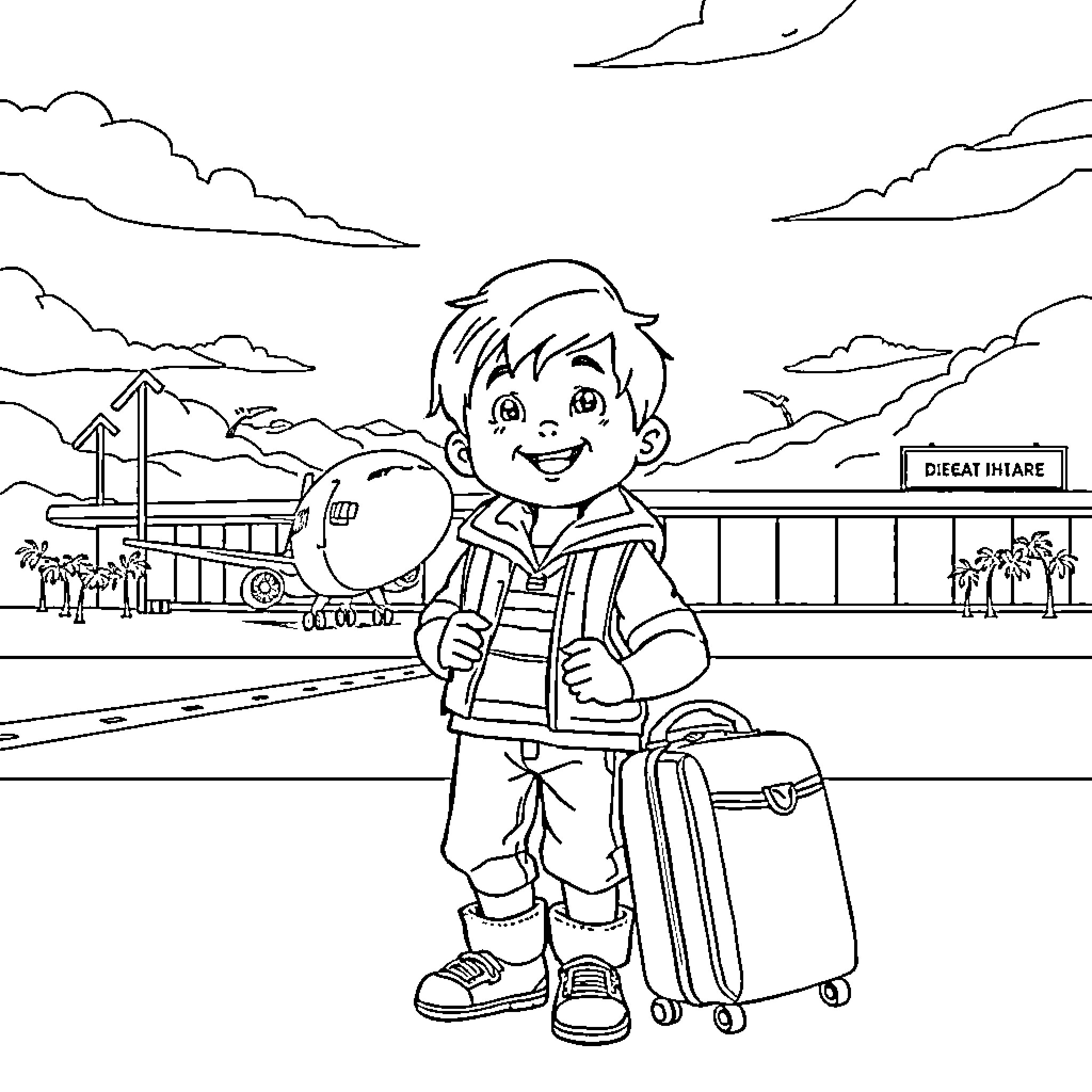 Boy traveling with luggage at train station Coloring Page (free black-and-white line drawing printable PDF for all, from beginners to advanced learners, including children, teens, adults, and seniors)