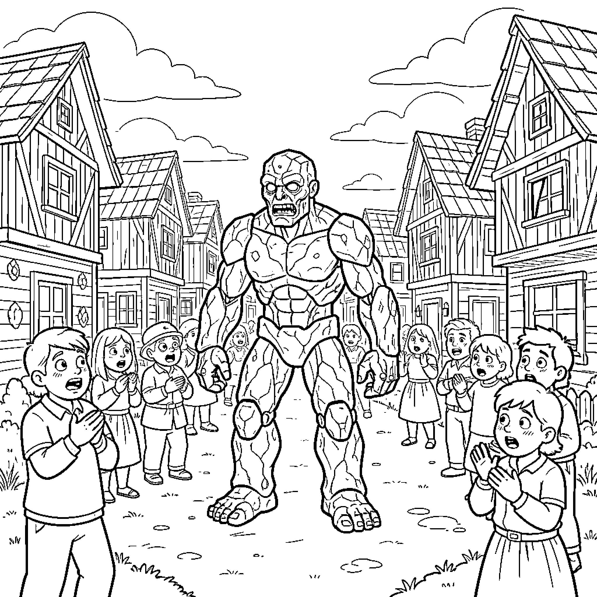Golem terrifying villagers in medieval town Coloring Page (free black-and-white line drawing printable PDF for all, from beginners to advanced learners, including children, teens, adults, and seniors)