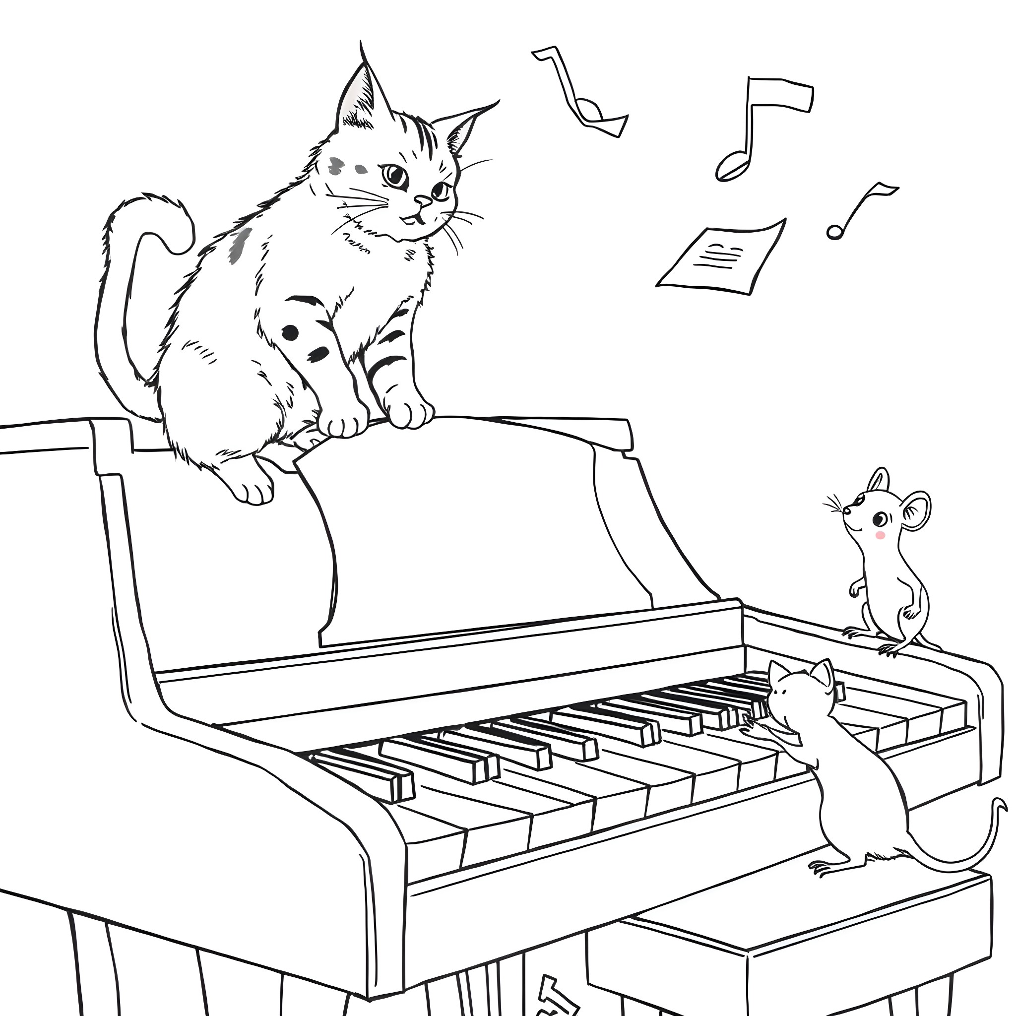 Cat playing piano with musical notes Coloring Page (free black-and-white line drawing printable PDF for all, from beginners to advanced learners, including children, teens, adults, and seniors)
