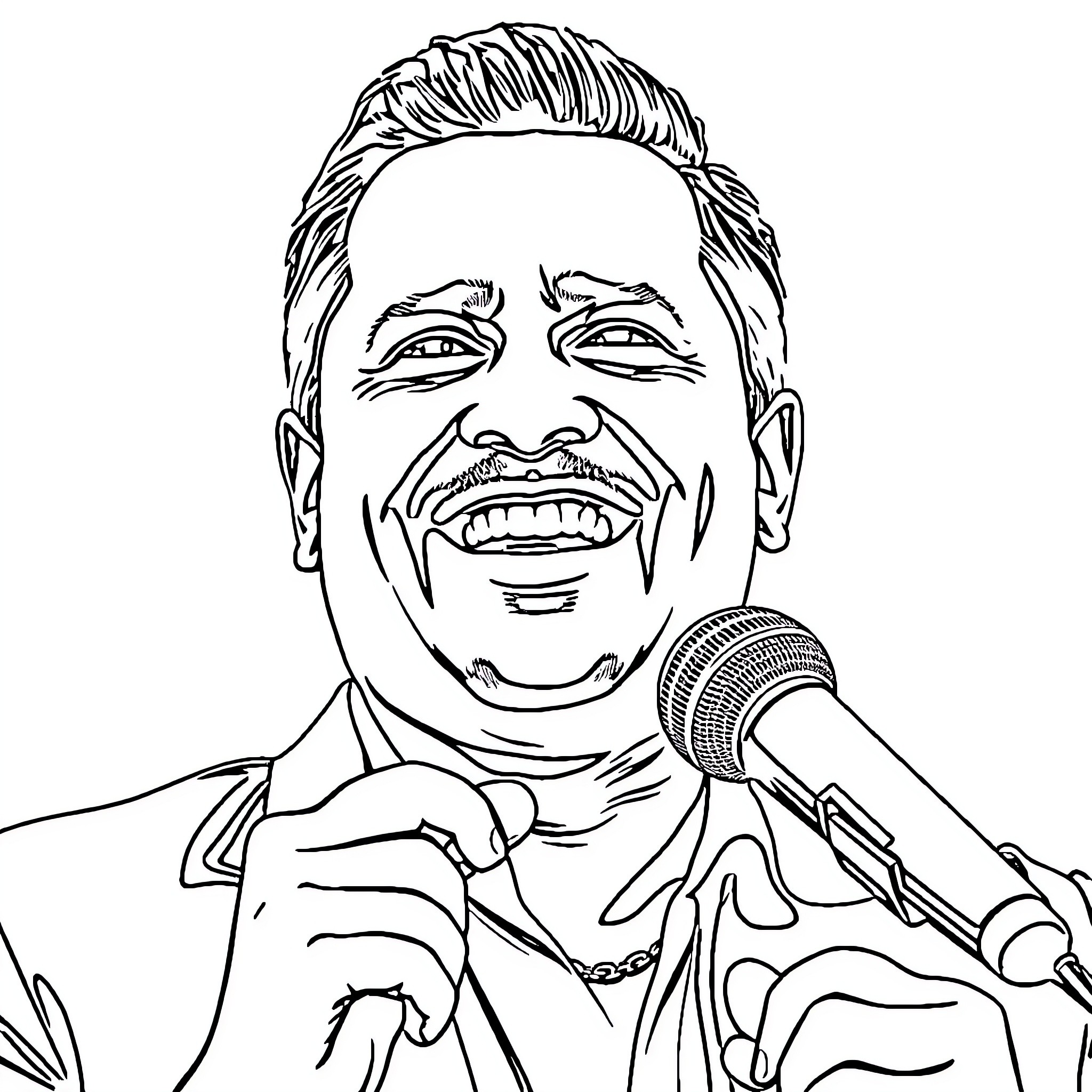 Diomedes Diaz performing with microphone Coloring Page (free black-and-white line drawing printable PDF for all, from beginners to advanced learners, including children, teens, adults, and seniors)
