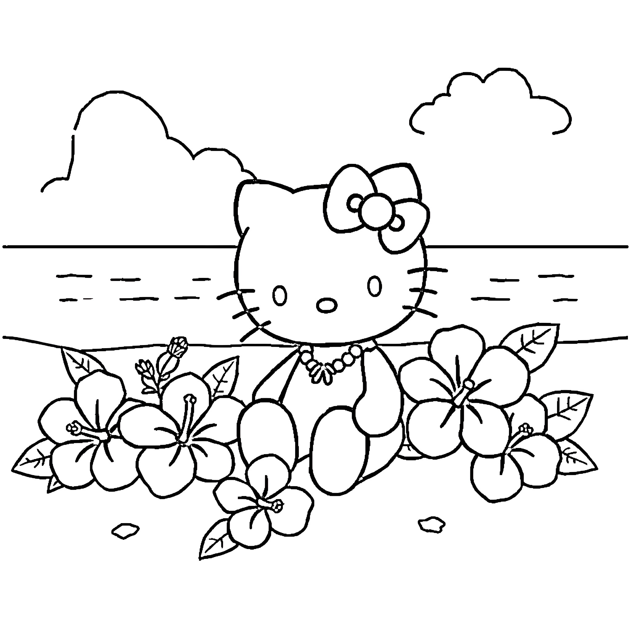 Hello Kitty enjoying flowers by the ocean Coloring Page (free black-and-white line drawing printable PDF for all, from beginners to advanced learners, including children, teens, adults, and seniors)