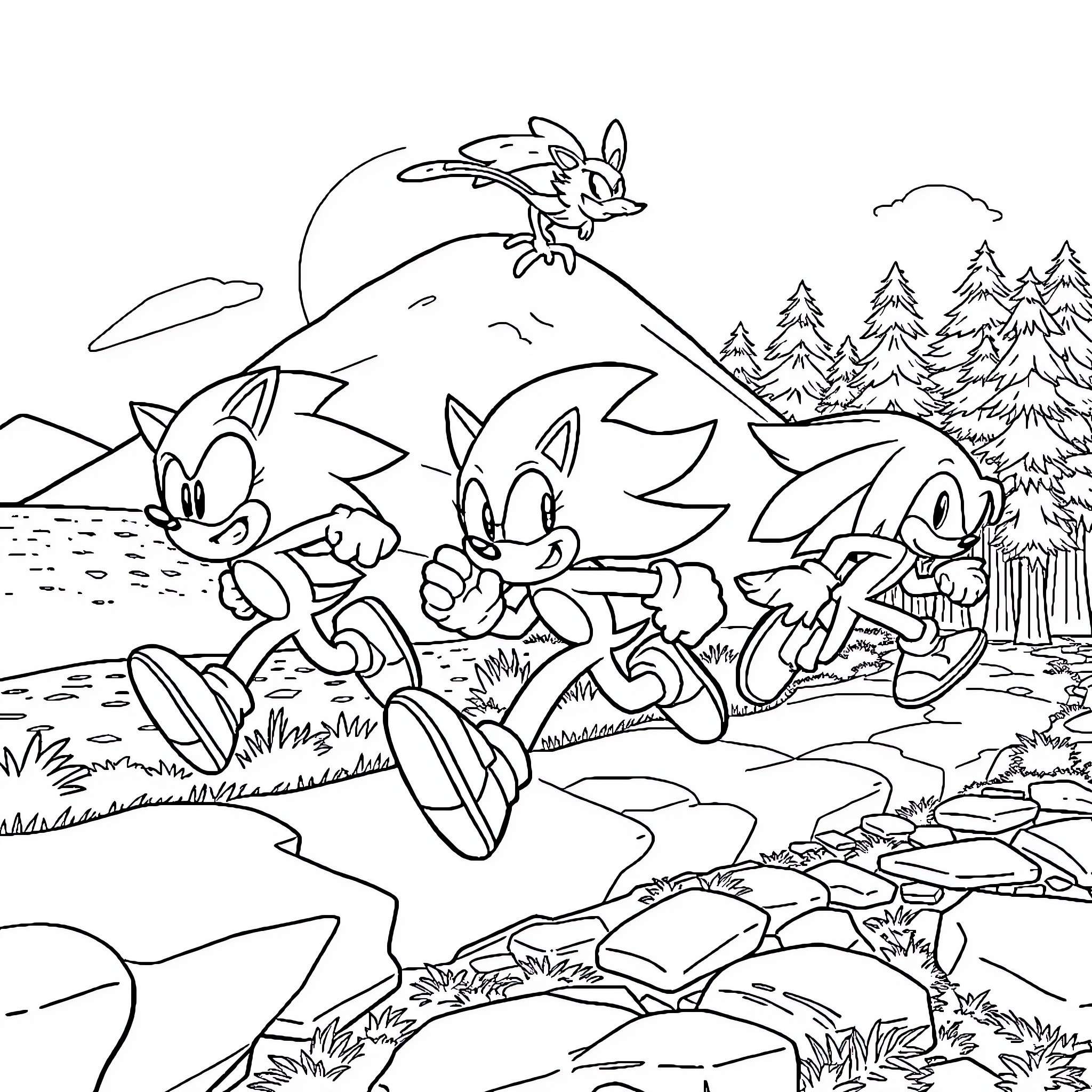Sonic Characters Exploring an Outdoor Scene Coloring Page (free black-and-white line drawing printable PDF for all, from beginners to advanced learners, including children, teens, adults, and seniors)