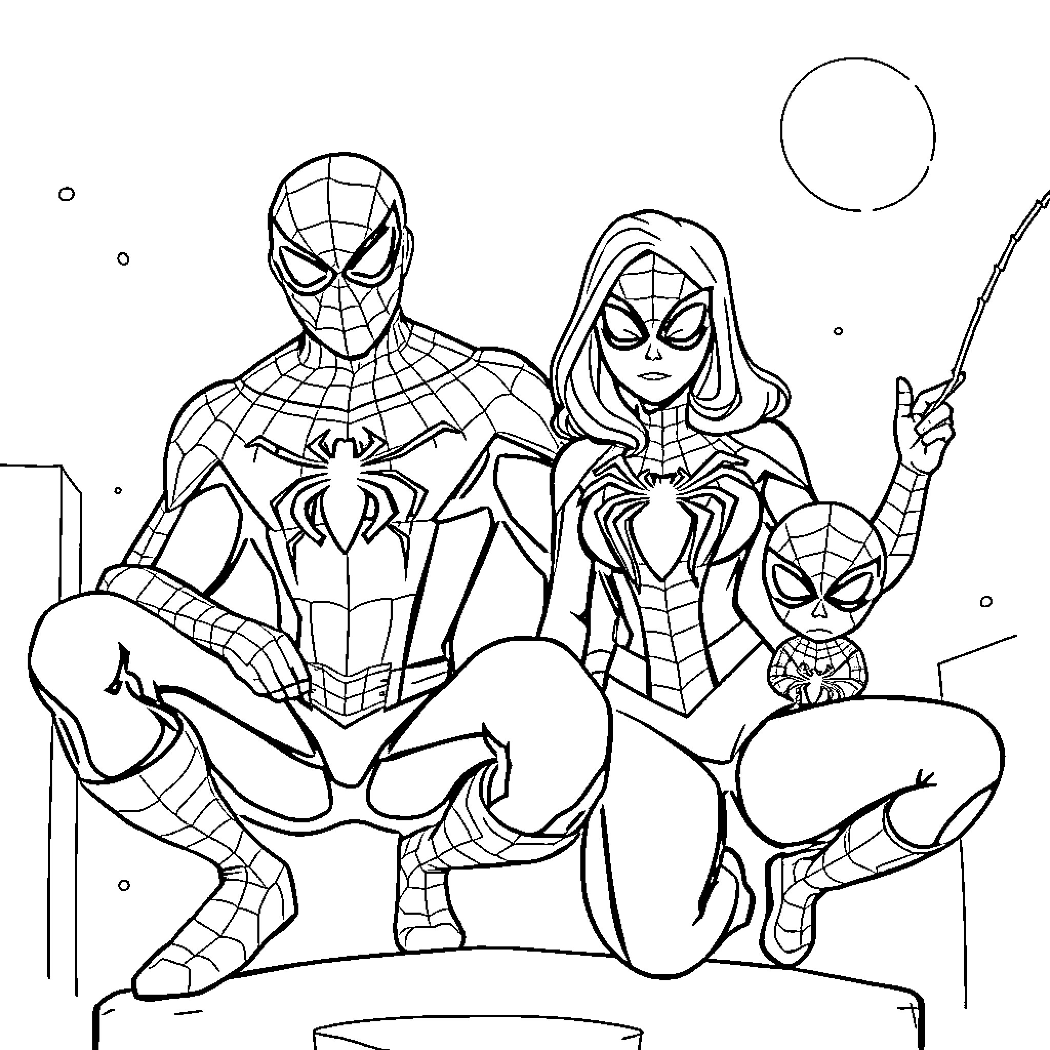 Spiderman and Spiderwoman in action-packed scene Coloring Page (free black-and-white line drawing printable PDF for all, from beginners to advanced learners, including children, teens, adults, and seniors)