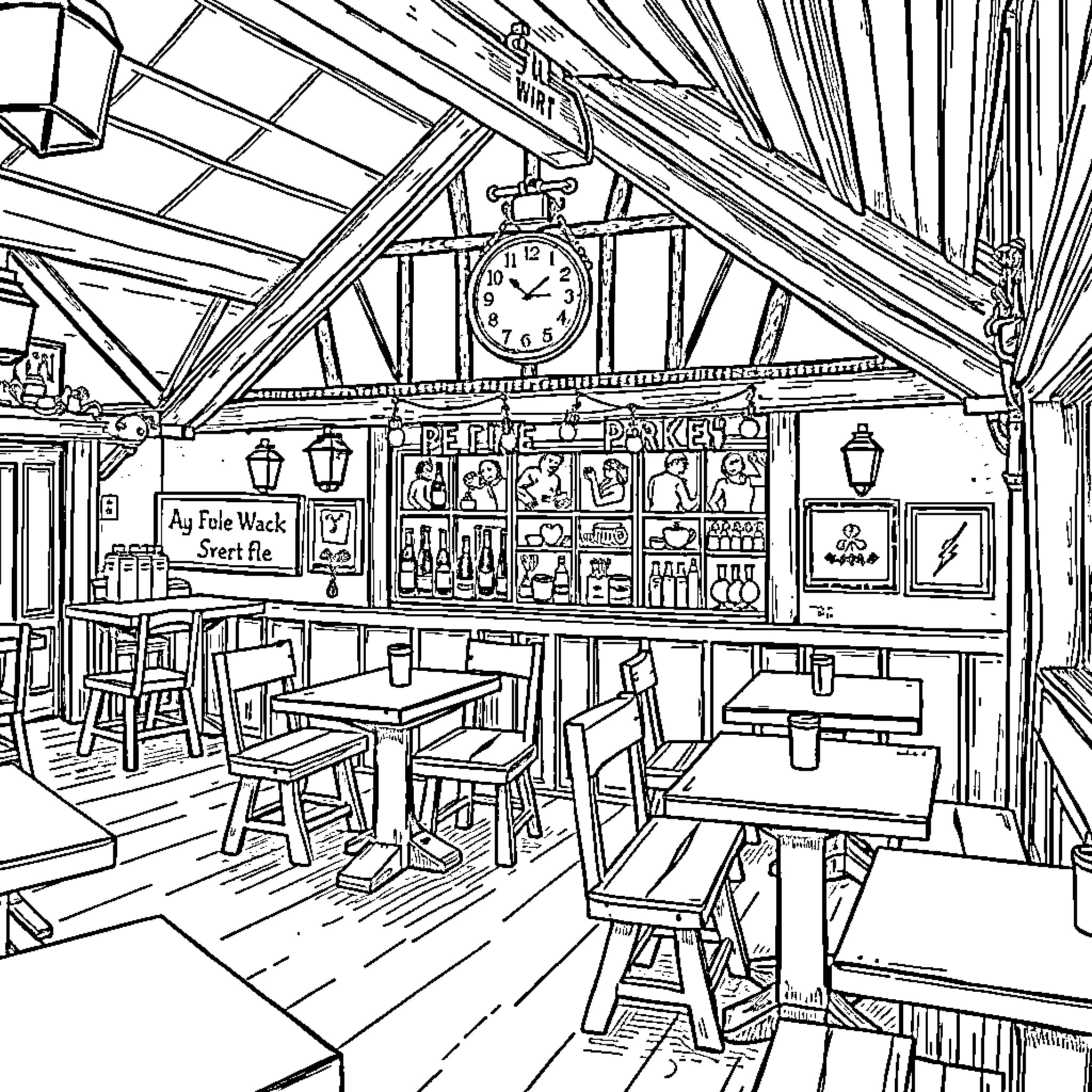 Alter Wirt: Charming Interior of a Traditional Tavern Coloring Page (free black-and-white line drawing printable PDF for all, from beginners to advanced learners, including children, teens, adults, and seniors)