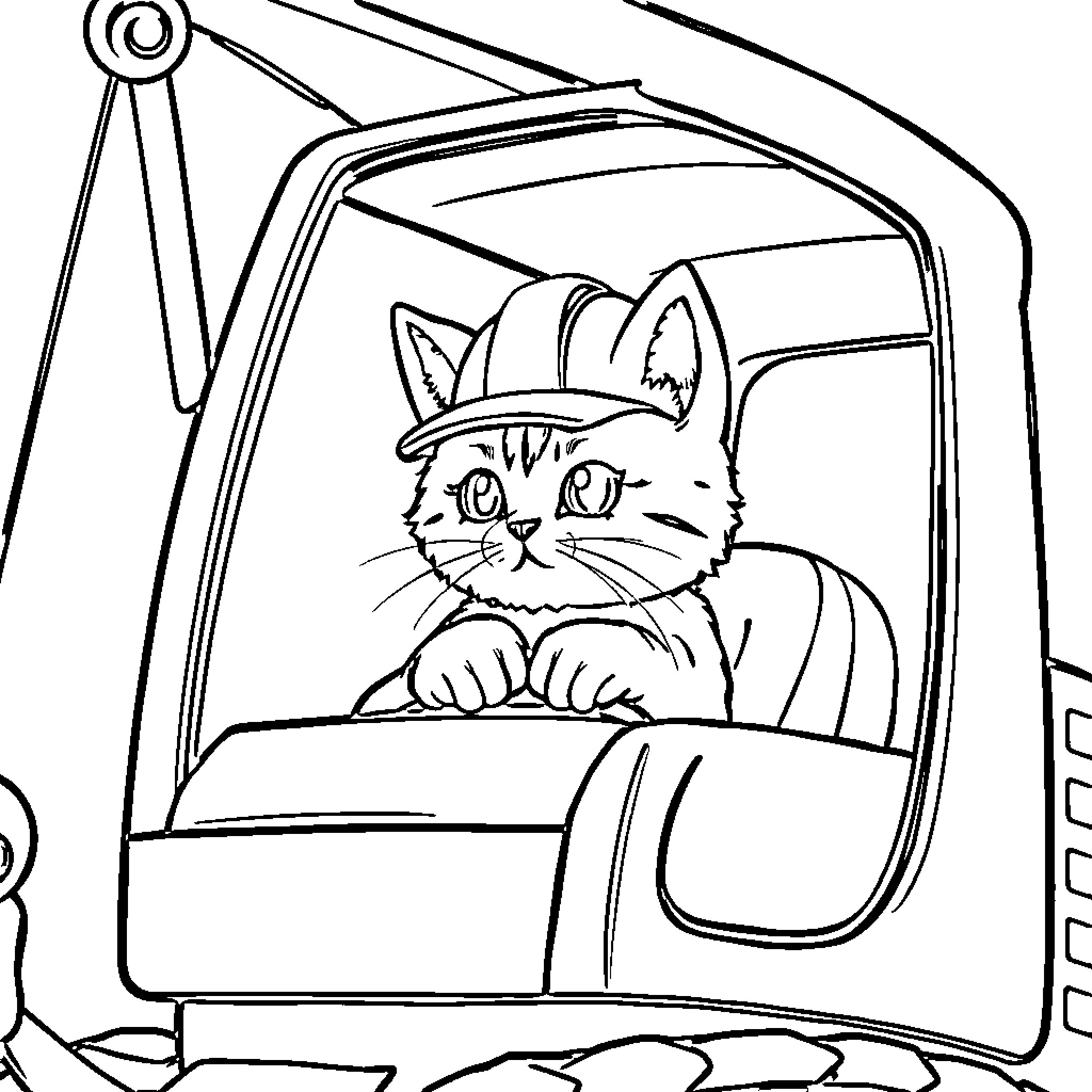 Cat driving construction vehicle Coloring Page (free black-and-white line drawing printable PDF for all, from beginners to advanced learners, including children, teens, adults, and seniors)