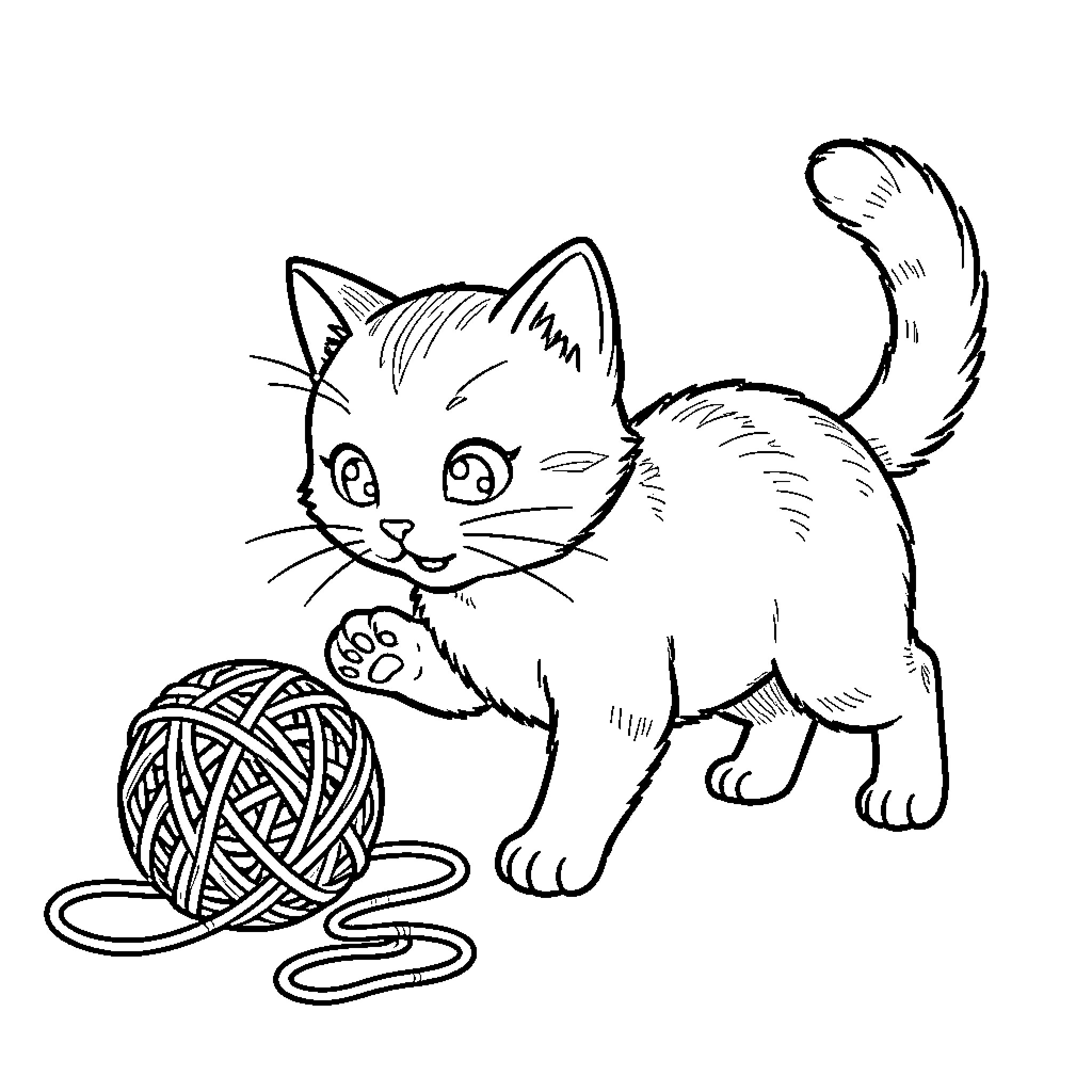 Kitty playing with a ball of yarn Coloring Page (free black-and-white line drawing printable PDF for all, from beginners to advanced learners, including children, teens, adults, and seniors)