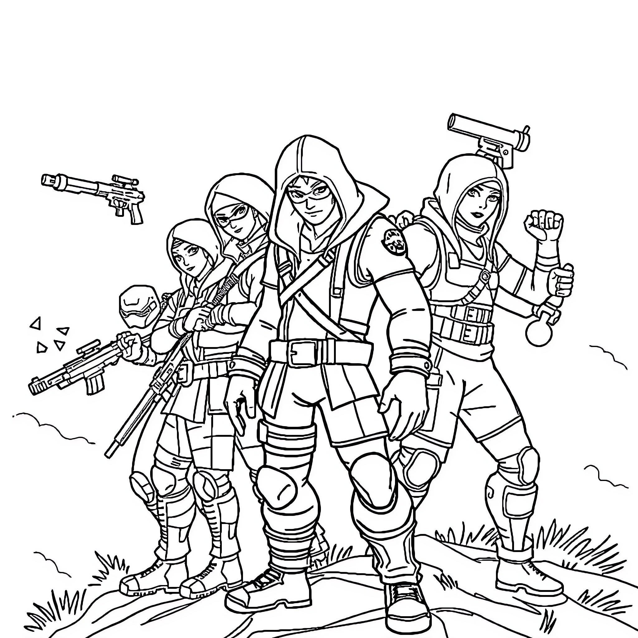Fortnite group of characters in action poses Coloring Page (free black-and-white line drawing printable PDF for all, from beginners to advanced learners, including children, teens, adults, and seniors)