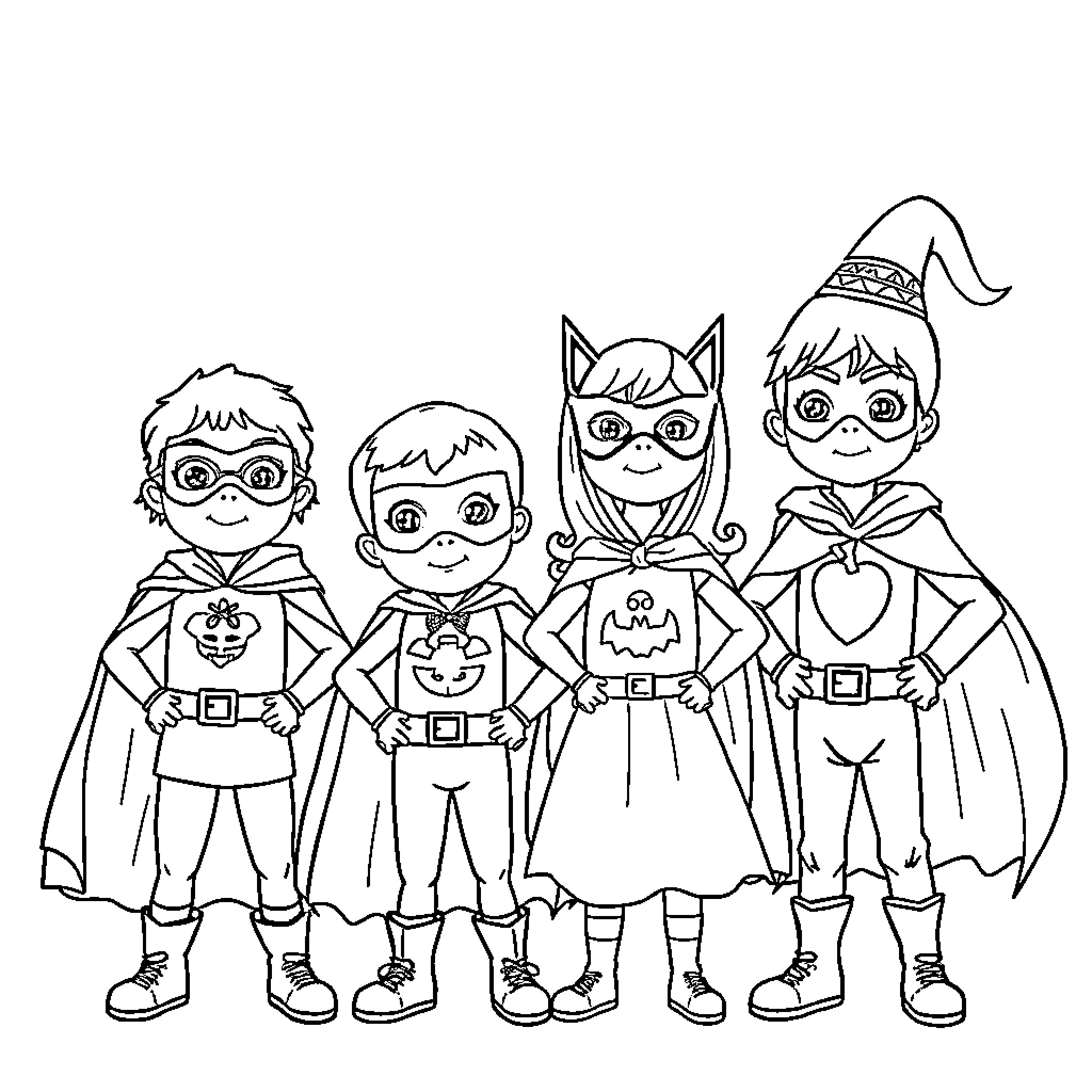 Halloween Superheroes in Costume Coloring Page (free black-and-white line drawing printable PDF for all, from beginners to advanced learners, including children, teens, adults, and seniors)