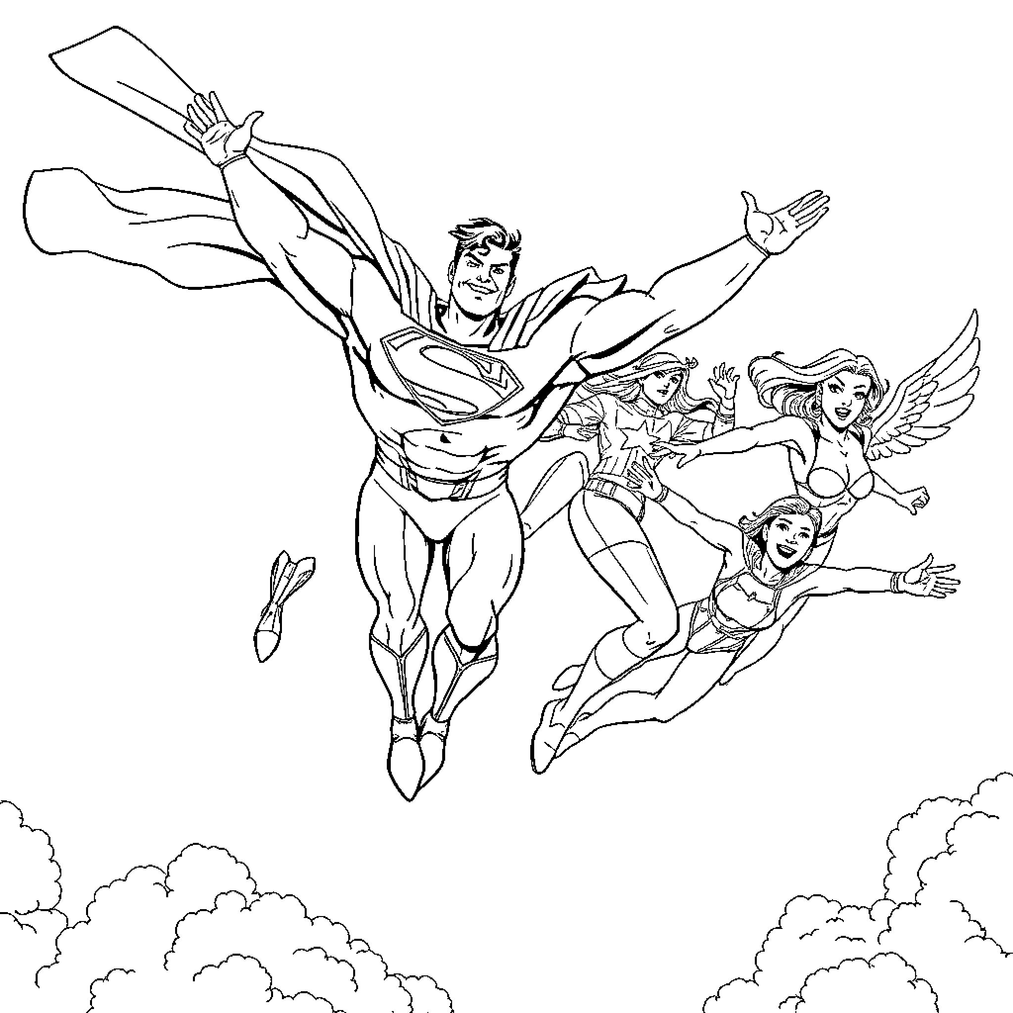 Superhero team in action-packed aerial combat Coloring Page (free black-and-white line drawing printable PDF for all, from beginners to advanced learners, including children, teens, adults, and seniors)