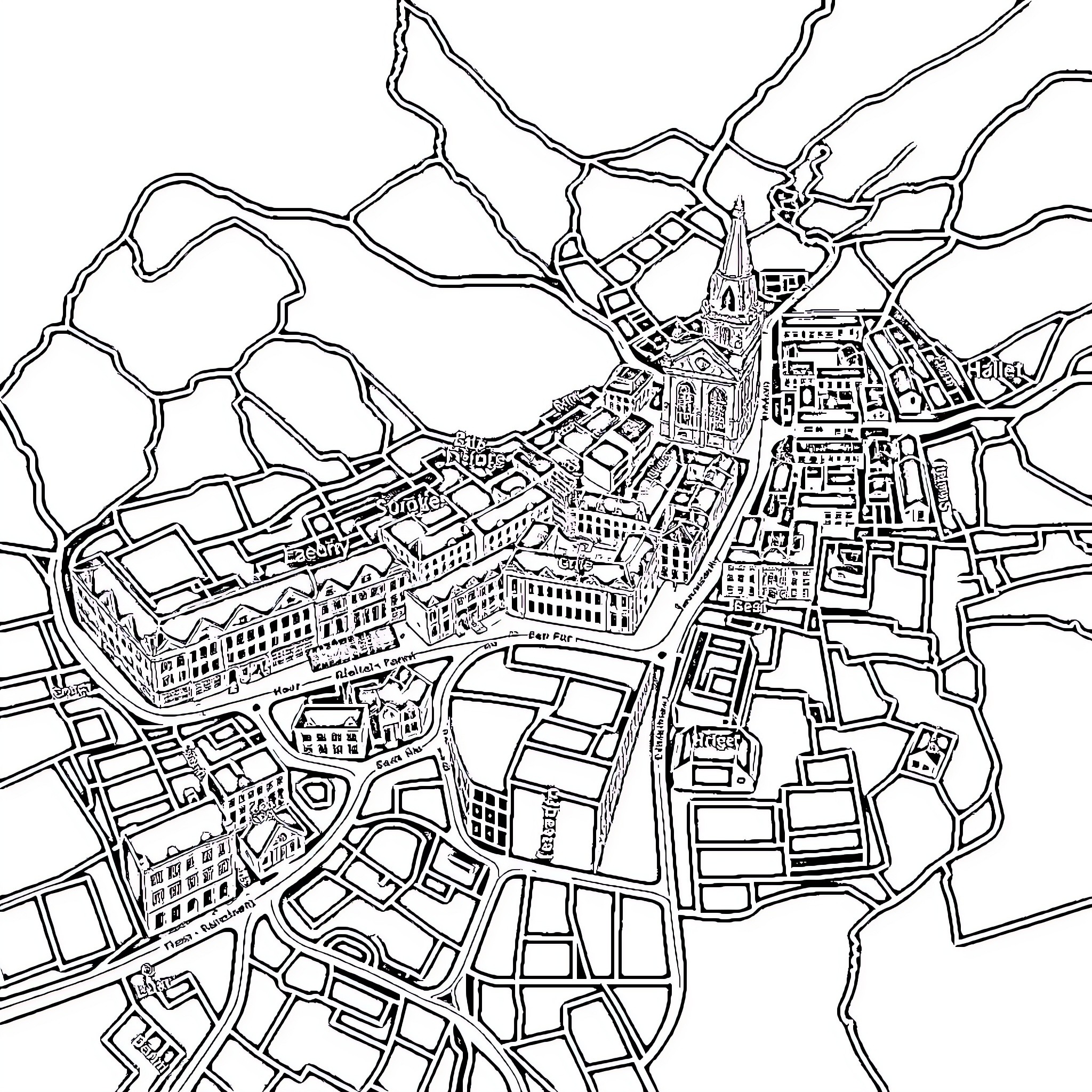 Roadmap of a detailed urban town Coloring Page (free black-and-white line drawing printable PDF for all, from beginners to advanced learners, including children, teens, adults, and seniors)