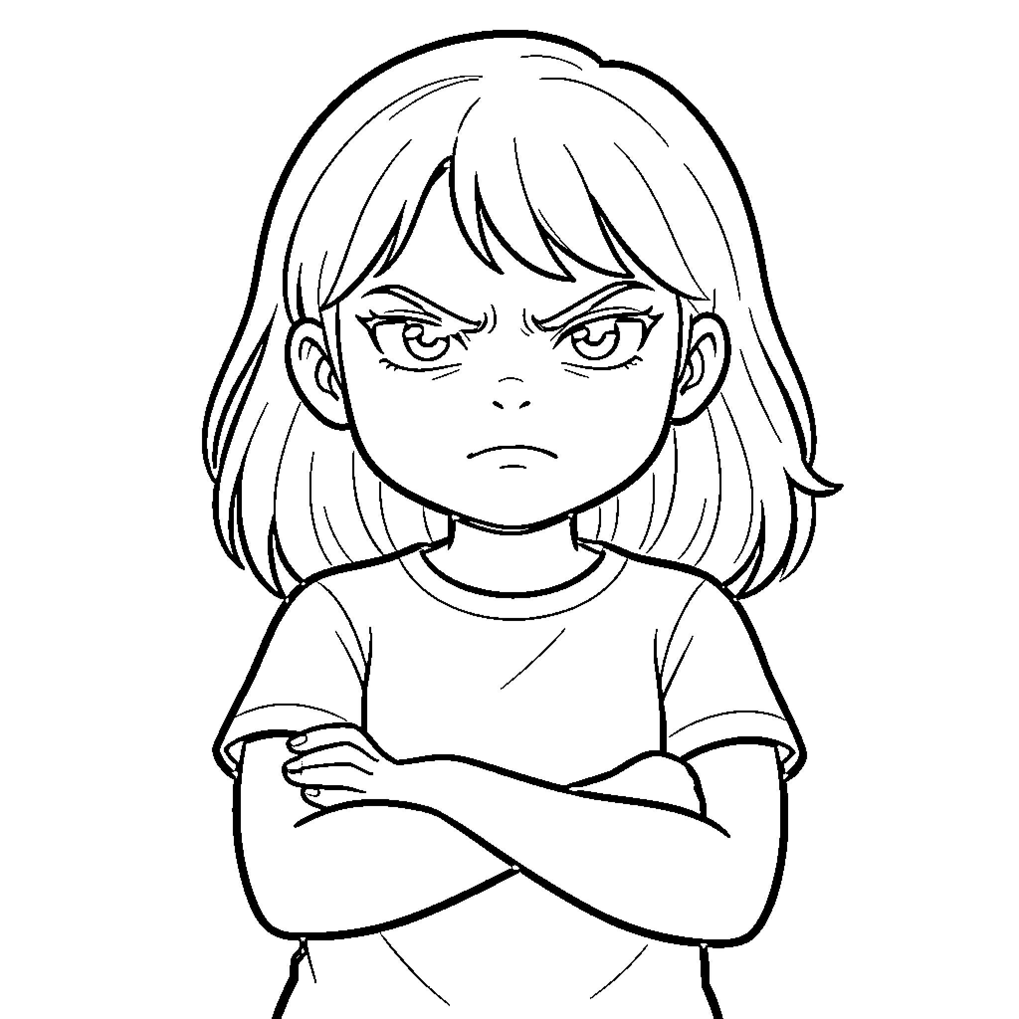 Girl with a stern expression and crossed arms Coloring Page (free black-and-white line drawing printable PDF for all, from beginners to advanced learners, including children, teens, adults, and seniors)