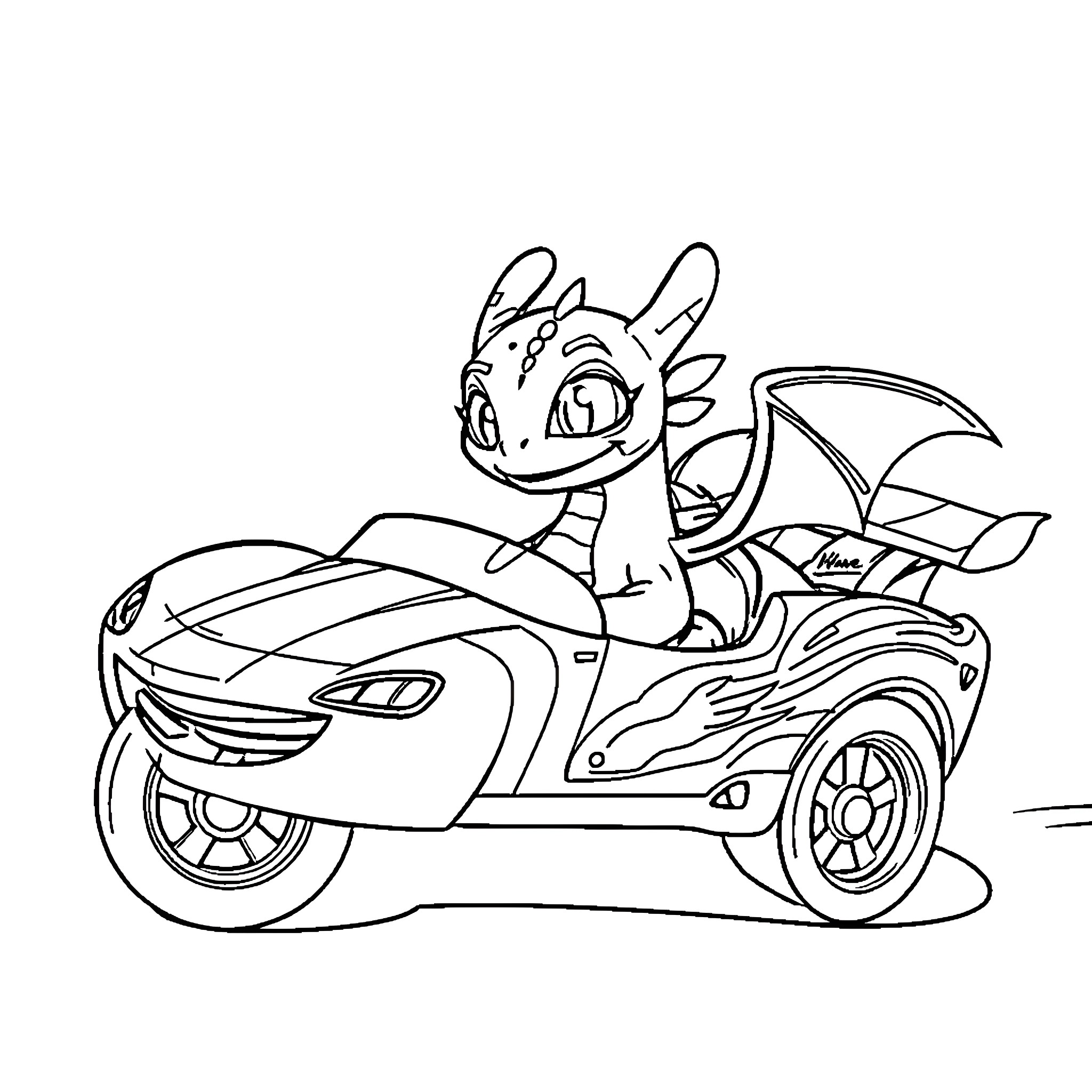 Toothless driving a fancy car Coloring Page (free black-and-white line drawing printable PDF for all, from beginners to advanced learners, including children, teens, adults, and seniors)
