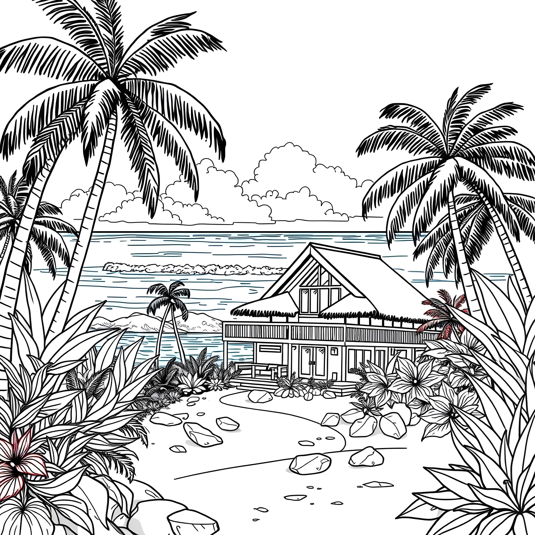 Hale Tropical Beach Oasis Coloring Page (free black-and-white line drawing printable PDF for all, from beginners to advanced learners, including children, teens, adults, and seniors)