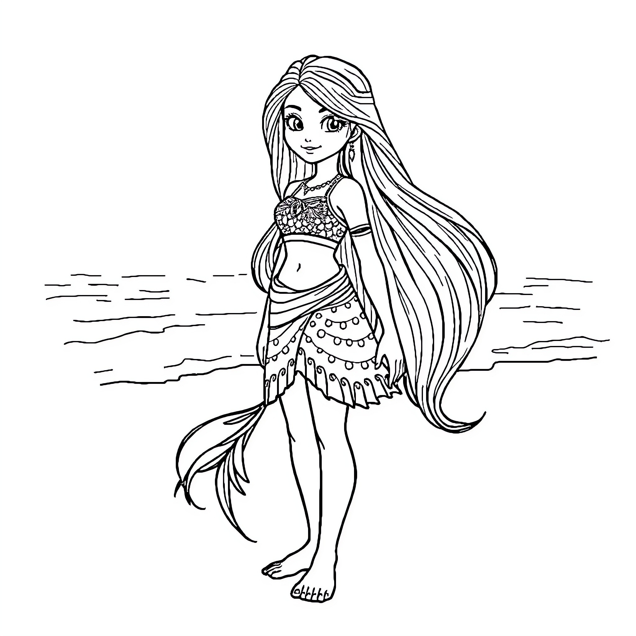 Vaiana enjoying the ocean breeze in her colorful outfit Coloring Page (free black-and-white line drawing printable PDF for all, from beginners to advanced learners, including children, teens, adults, and seniors)