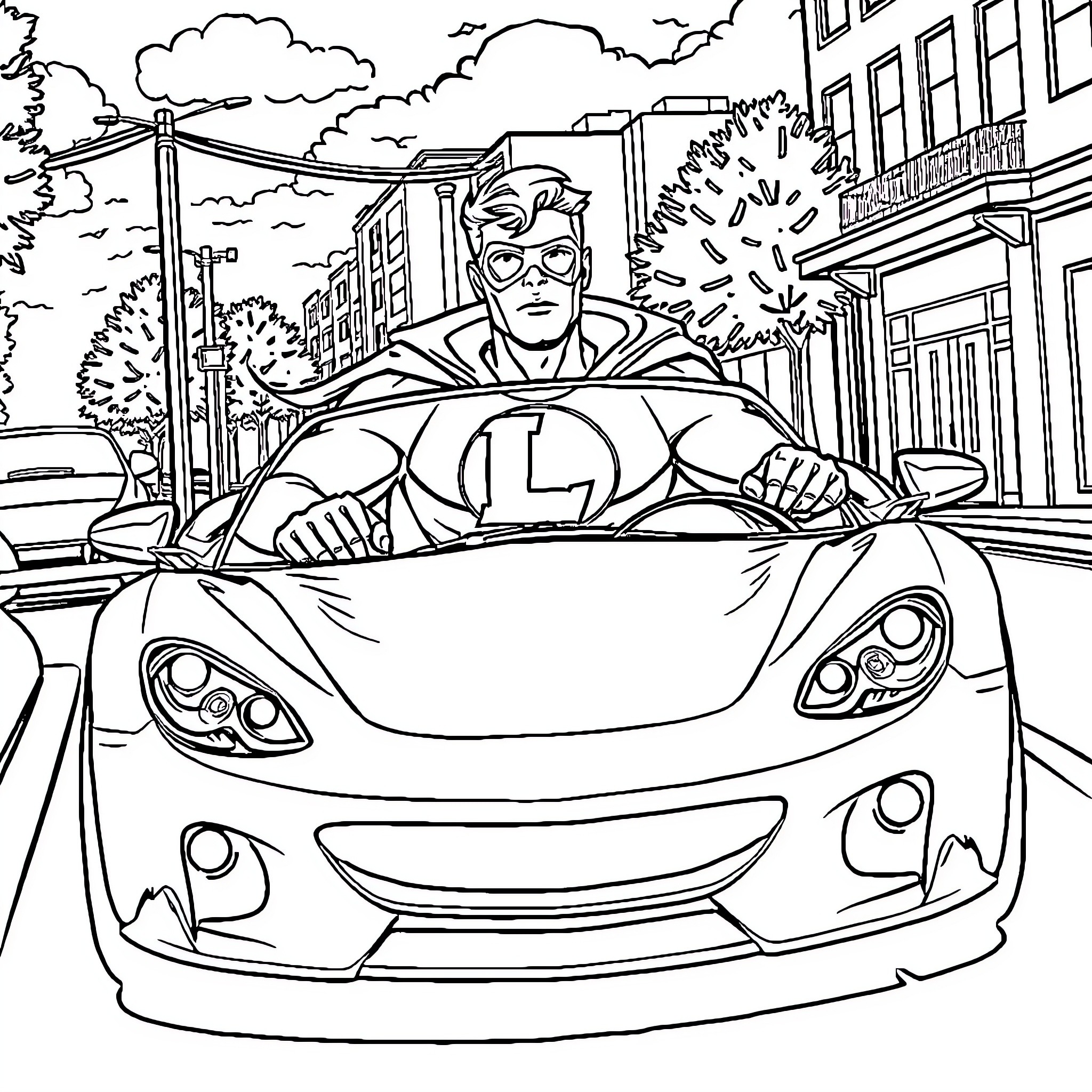 Superhero Drives Powerful Sports Car Through City Streets Coloring Page (free black-and-white line drawing printable PDF for all, from beginners to advanced learners, including children, teens, adults, and seniors)