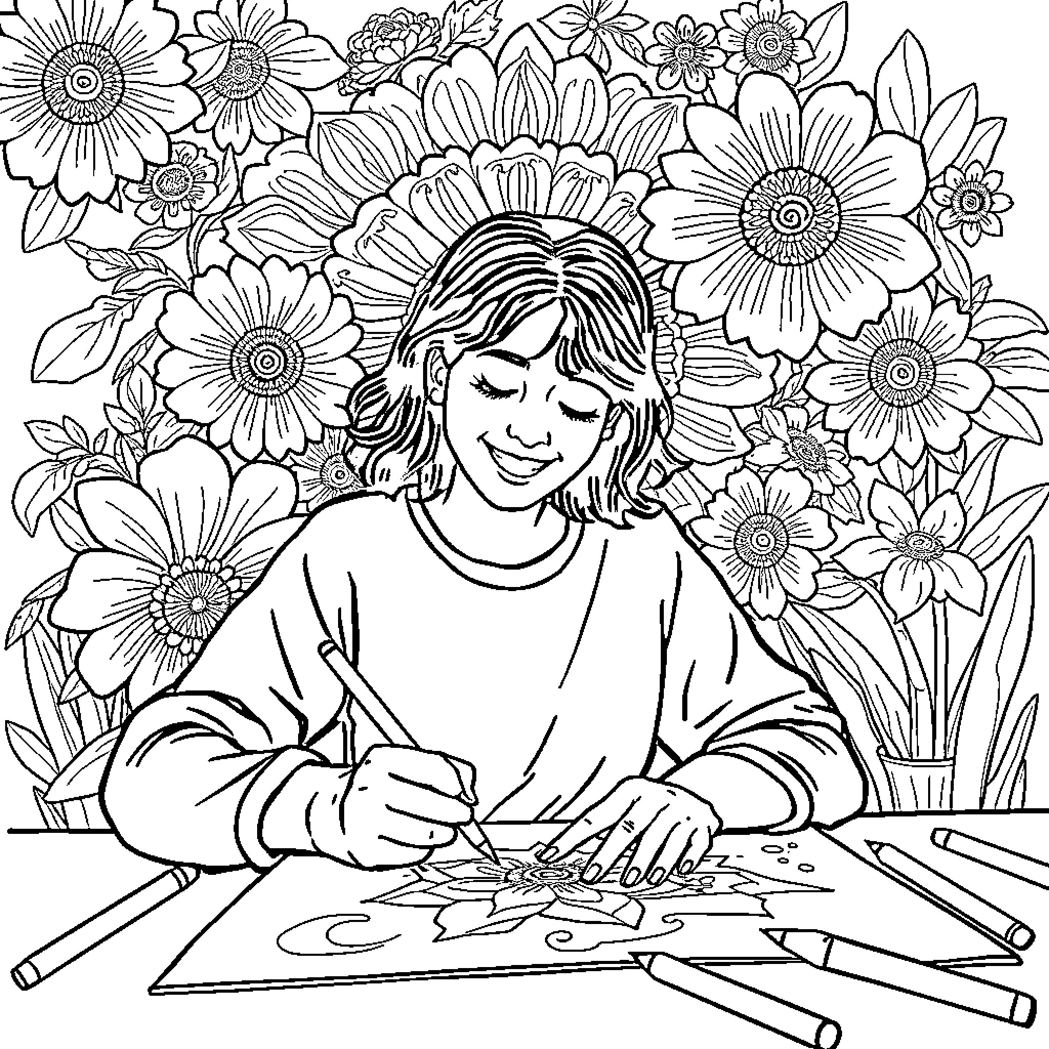 Love Blooming: A Joyful Artist Surrounded by Flowers Coloring Page (free black-and-white line drawing printable PDF for all, from beginners to advanced learners, including children, teens, adults, and seniors)