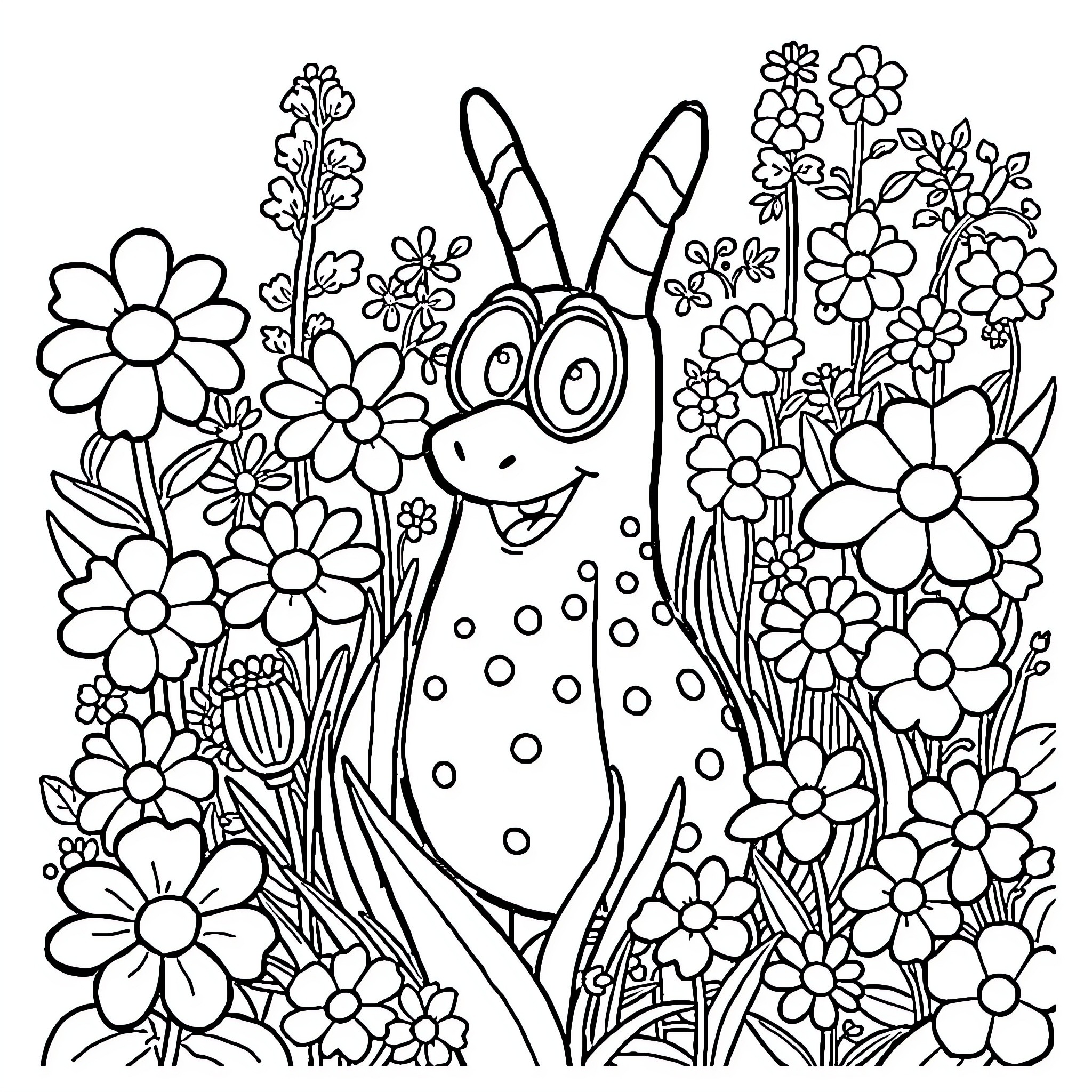 Blippi exploring a floral garden Coloring Page (free black-and-white line drawing printable PDF for all, from beginners to advanced learners, including children, teens, adults, and seniors)