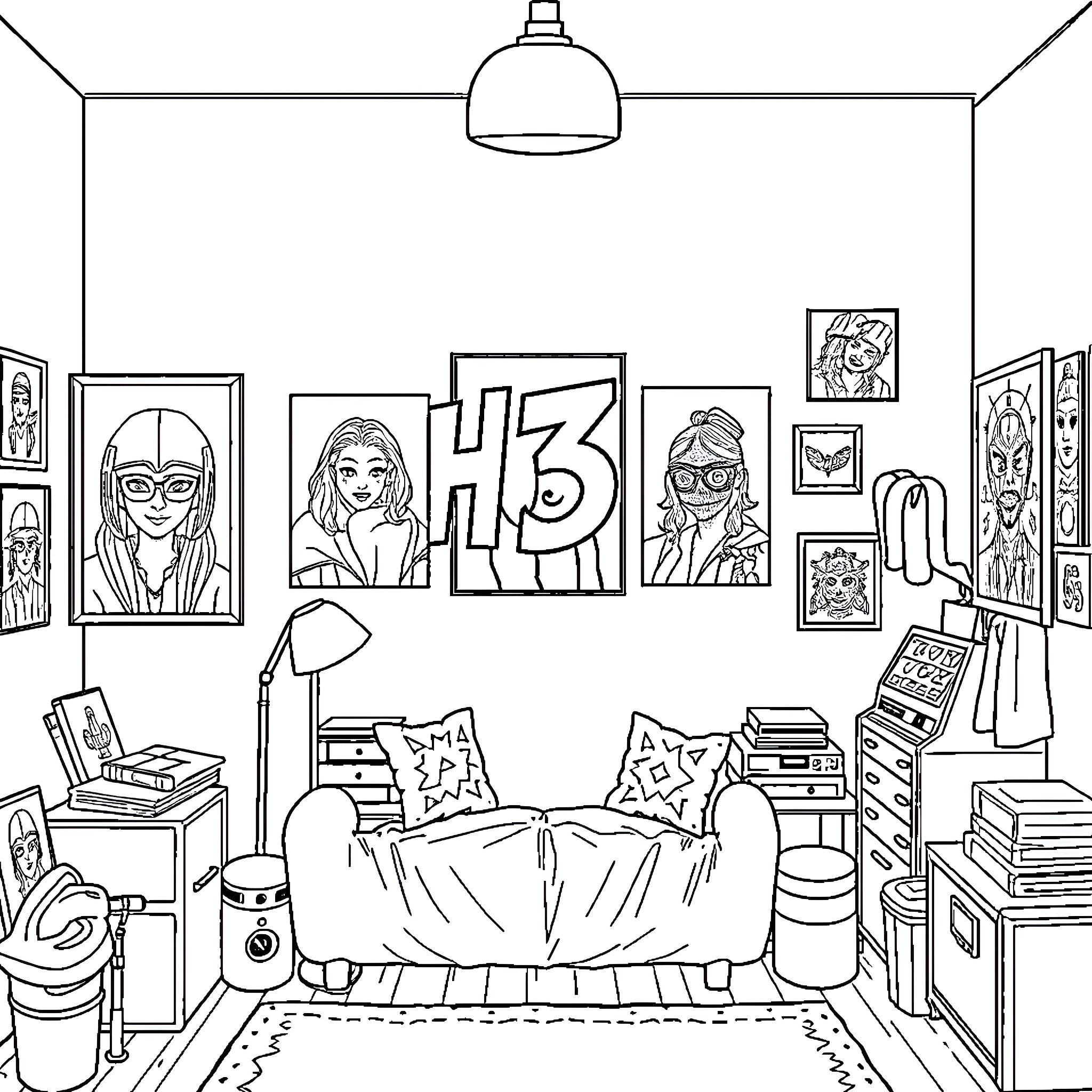 H3 - Illustrated bedroom with artistic decor Coloring Page (free black-and-white line drawing printable PDF for all, from beginners to advanced learners, including children, teens, adults, and seniors)