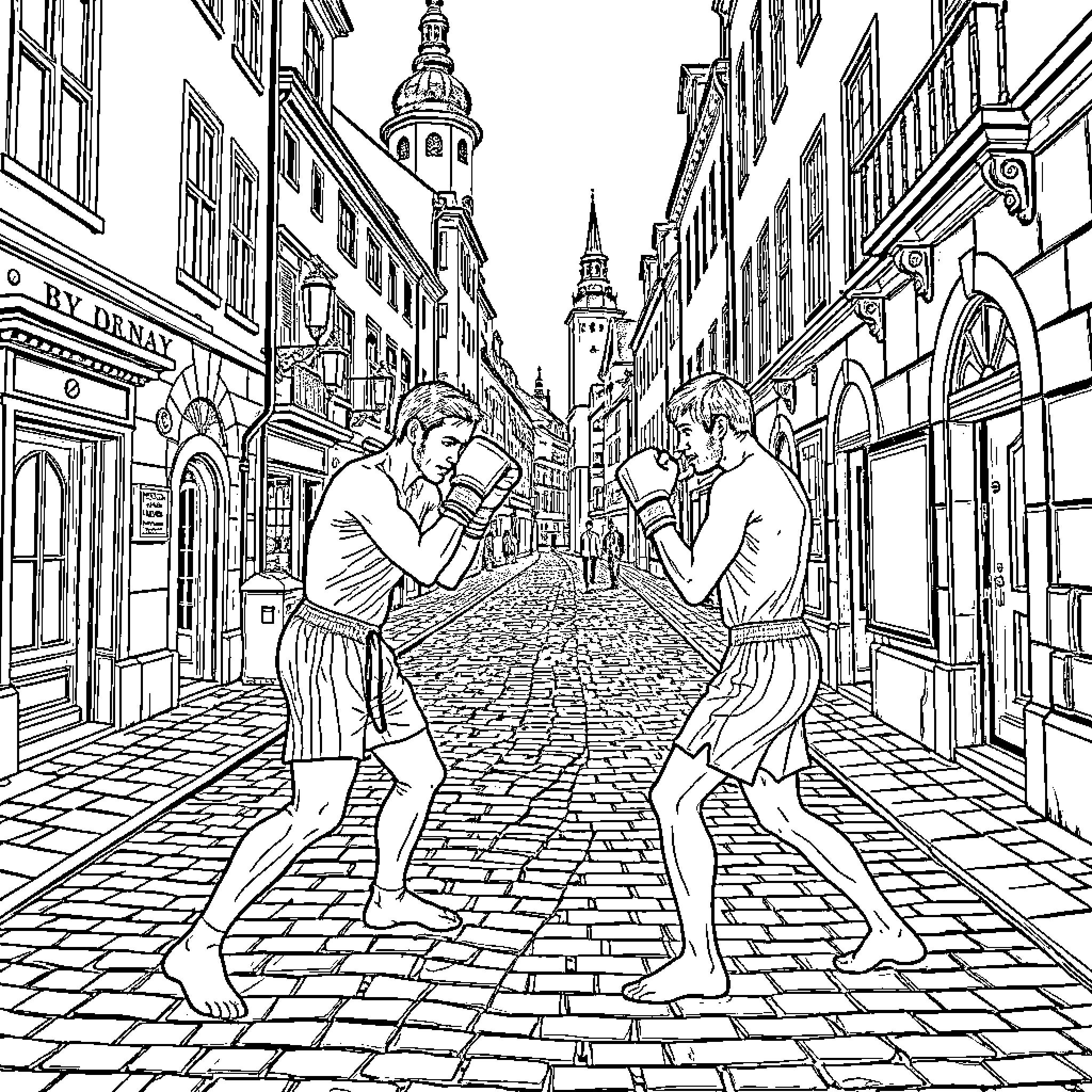 Muay Thai Fighters Engage in Intense Street Brawl Coloring Page (free black-and-white line drawing printable PDF for all, from beginners to advanced learners, including children, teens, adults, and seniors)