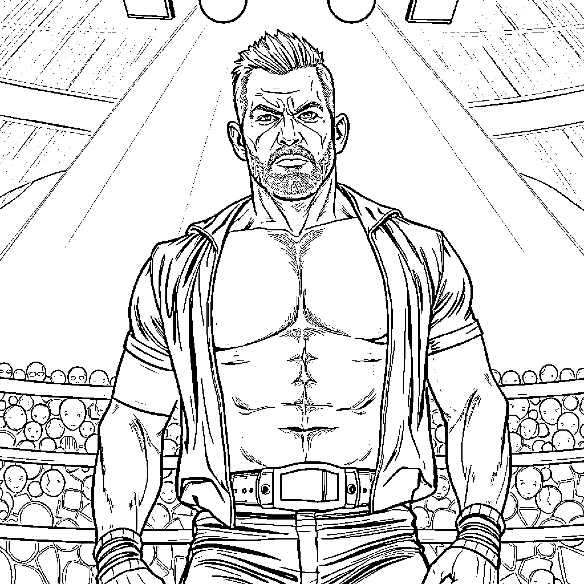 CM Punk stands resolute in the wrestling ring Coloring Page (free black-and-white line drawing printable PDF for all, from beginners to advanced learners, including children, teens, adults, and seniors)