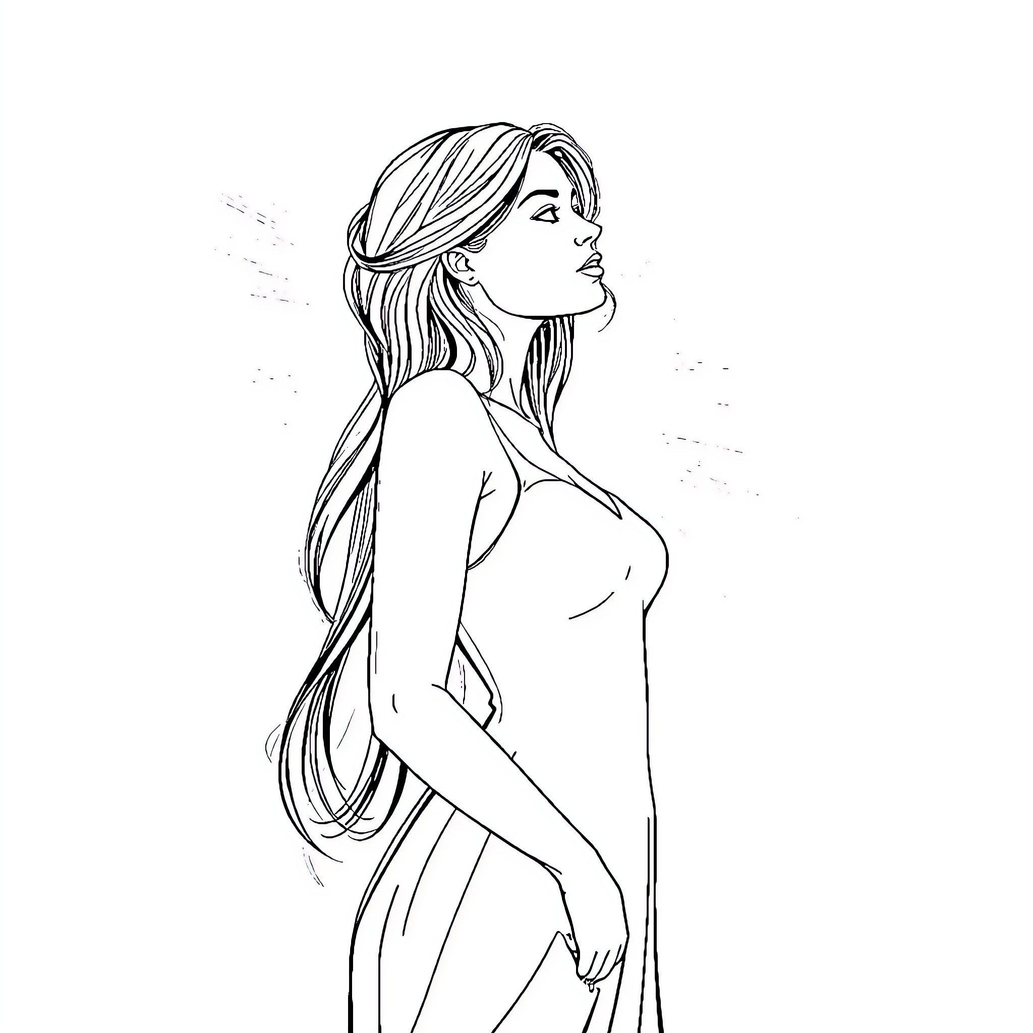 Woman with flowing hair in contemplative pose Coloring Page (free black-and-white line drawing printable PDF for all, from beginners to advanced learners, including children, teens, adults, and seniors)