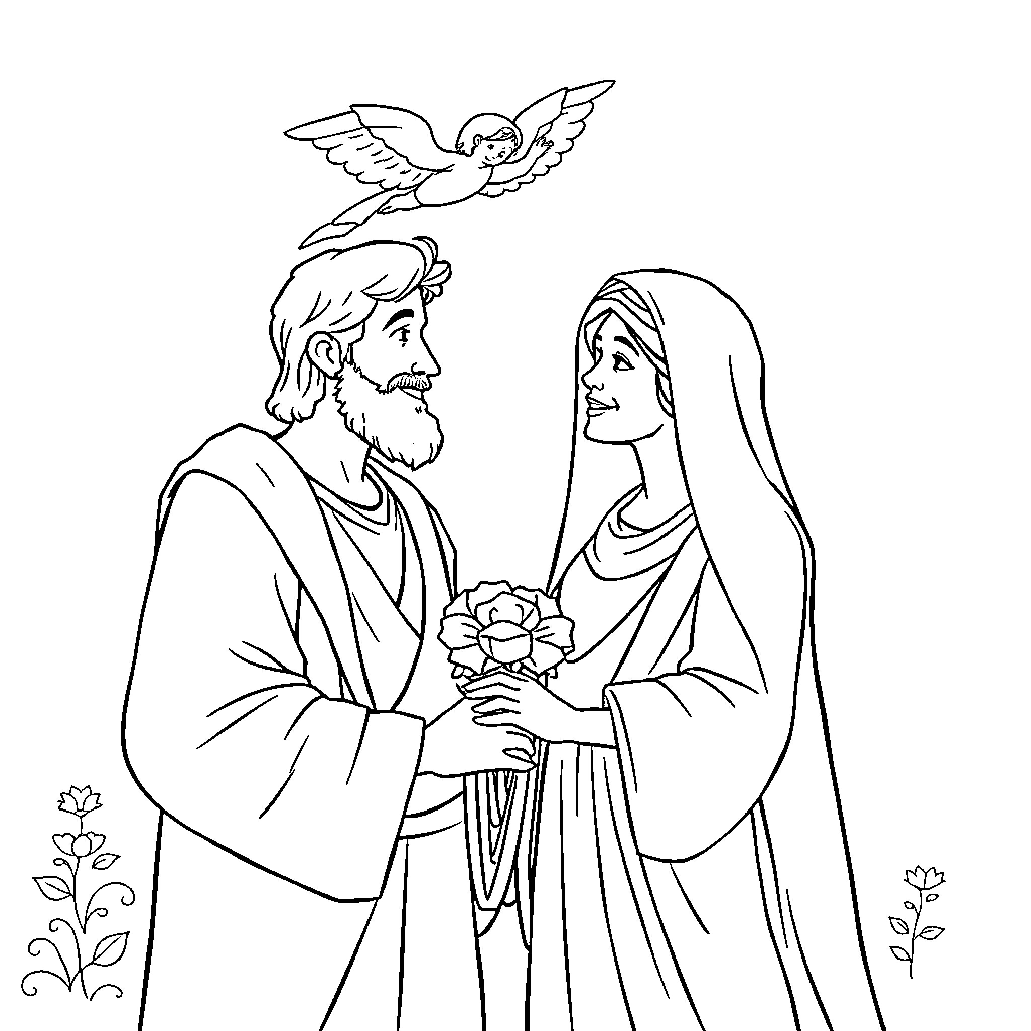 Joseph and Mary's Joyful Reunion Coloring Page (free black-and-white line drawing printable PDF for all, from beginners to advanced learners, including children, teens, adults, and seniors)