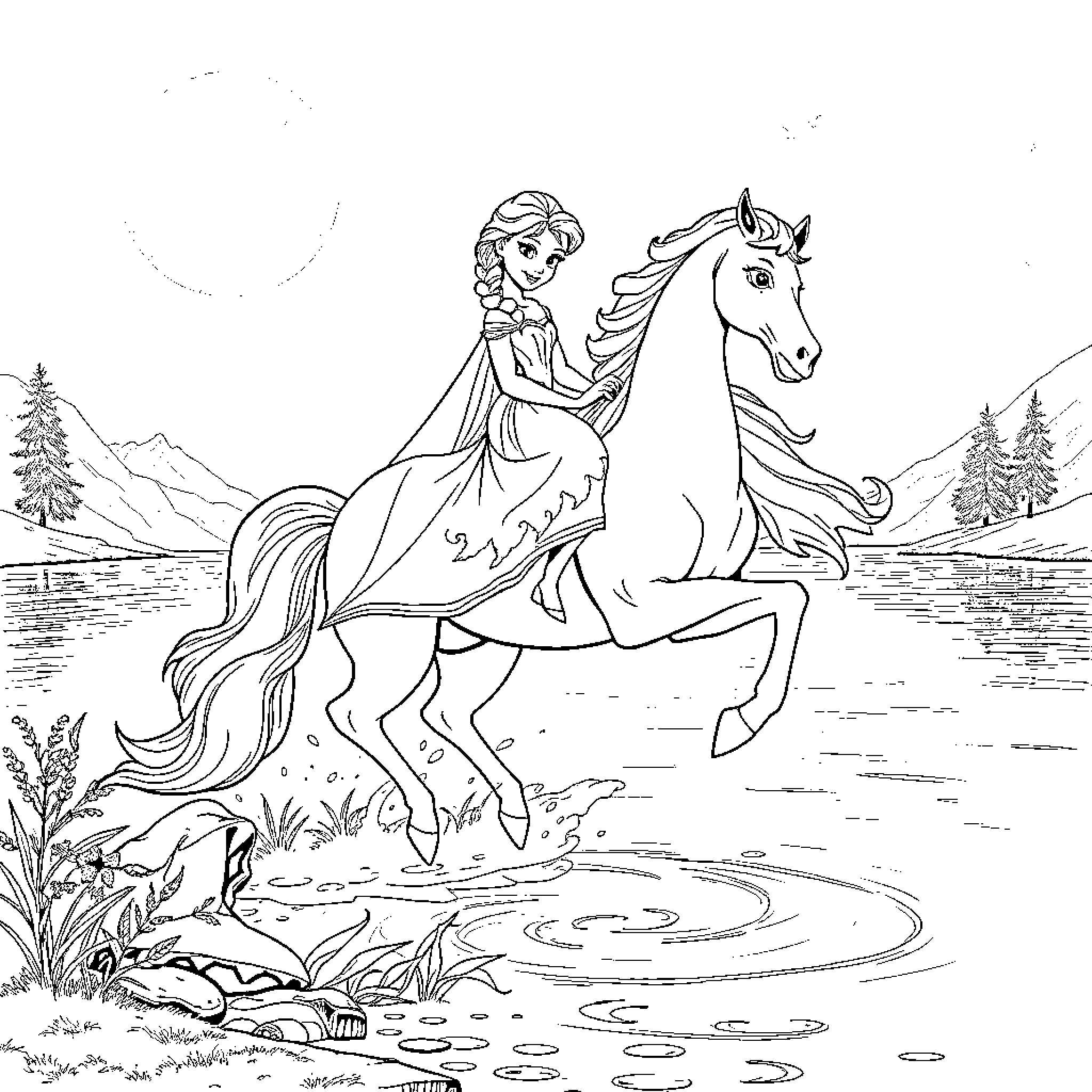 Elsa riding a majestic horse through a serene landscape Coloring Page (free black-and-white line drawing printable PDF for all, from beginners to advanced learners, including children, teens, adults, and seniors)