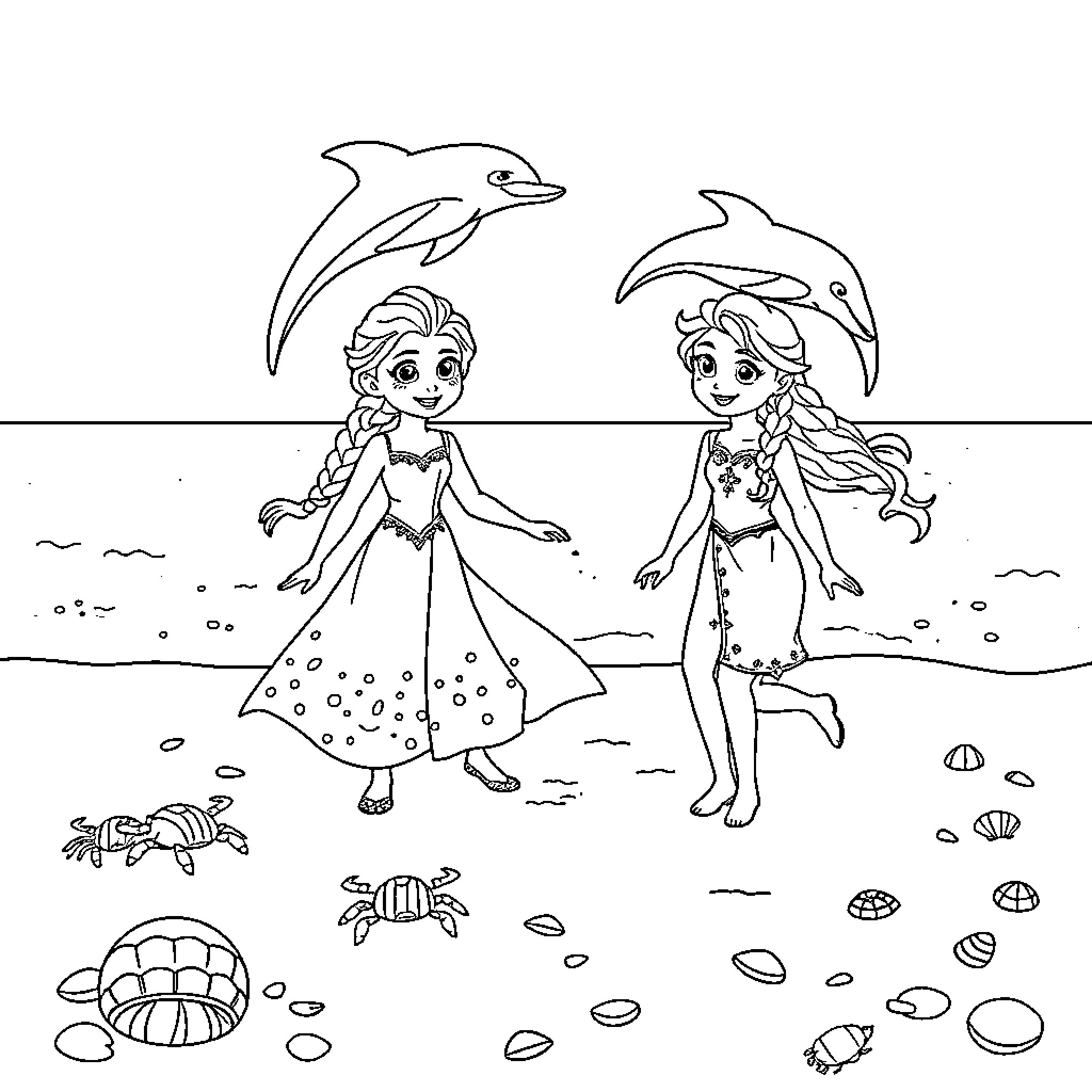 Elsa and Anna's Underwater Adventure with Dolphins Coloring Page (free black-and-white line drawing printable PDF for all, from beginners to advanced learners, including children, teens, adults, and seniors)