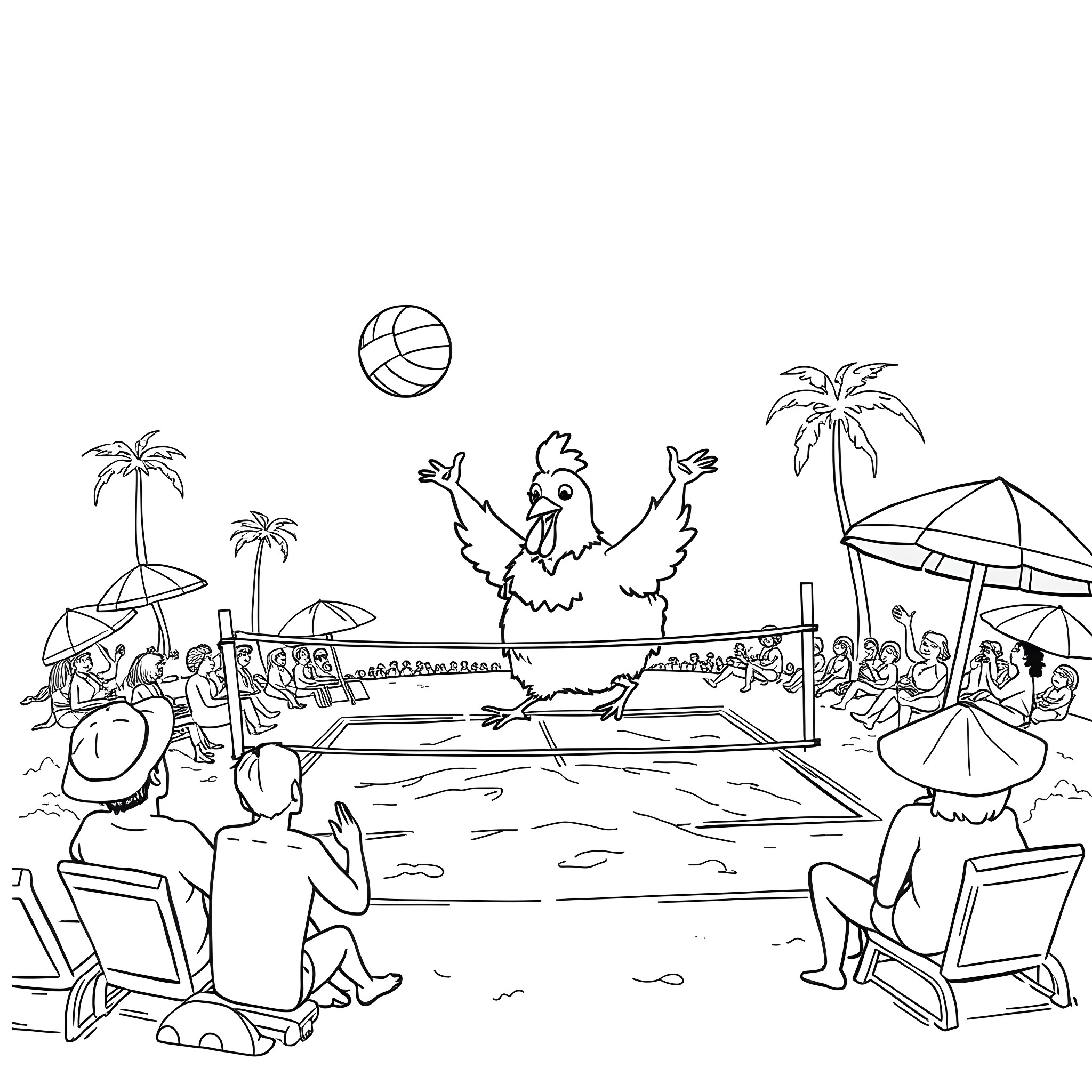 Baked Chicken playing beach volleyball with friends Coloring Page (free black-and-white line drawing printable PDF for all, from beginners to advanced learners, including children, teens, adults, and seniors)