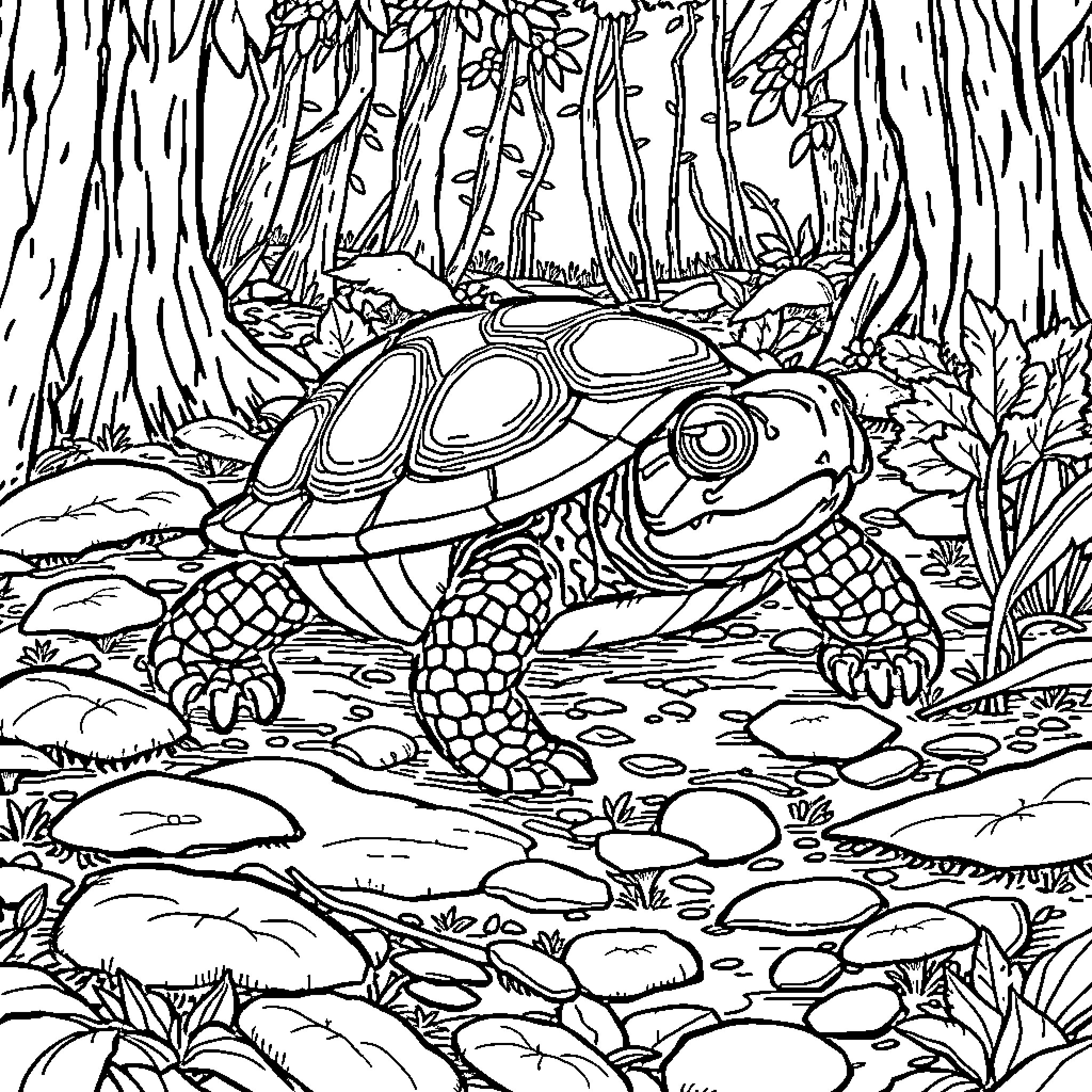 Box Turtle exploring the forest Coloring Page (free black-and-white line drawing printable PDF for all, from beginners to advanced learners, including children, teens, adults, and seniors)