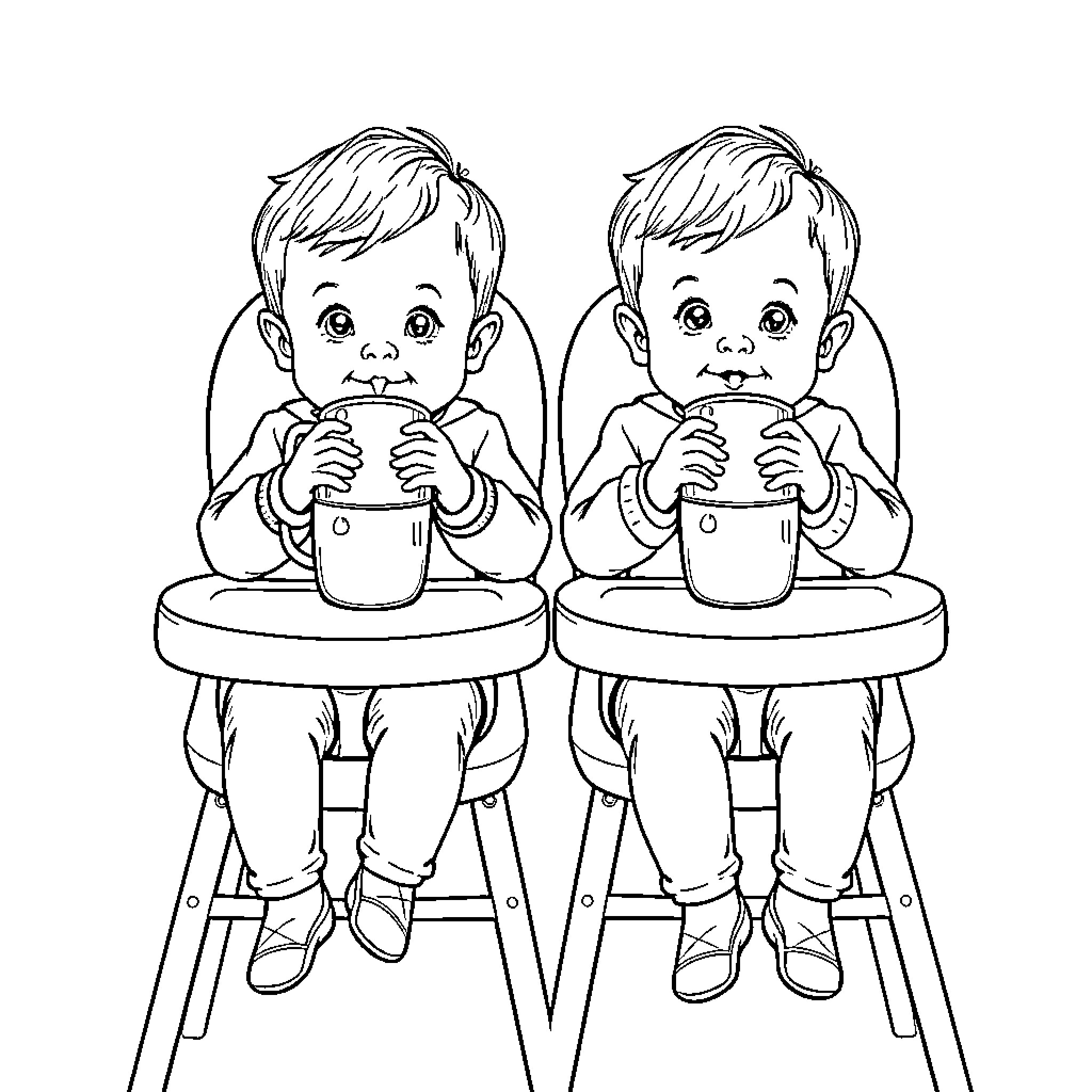 Twin boys enjoying milk in highchairs Coloring Page (free black-and-white line drawing printable PDF for all, from beginners to advanced learners, including children, teens, adults, and seniors)