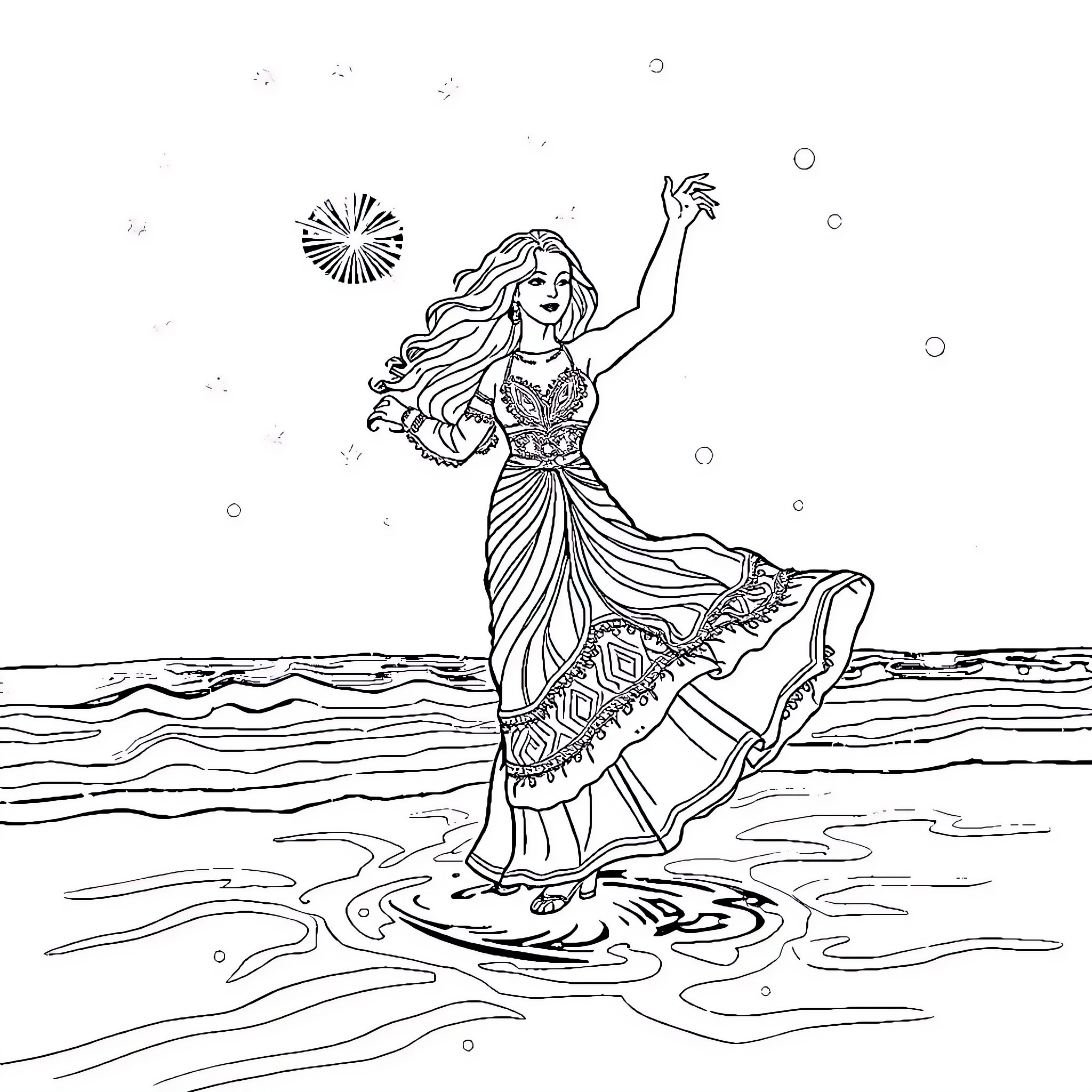 Lighthouse dancer by the sea Coloring Page (free black-and-white line drawing printable PDF for all, from beginners to advanced learners, including children, teens, adults, and seniors)