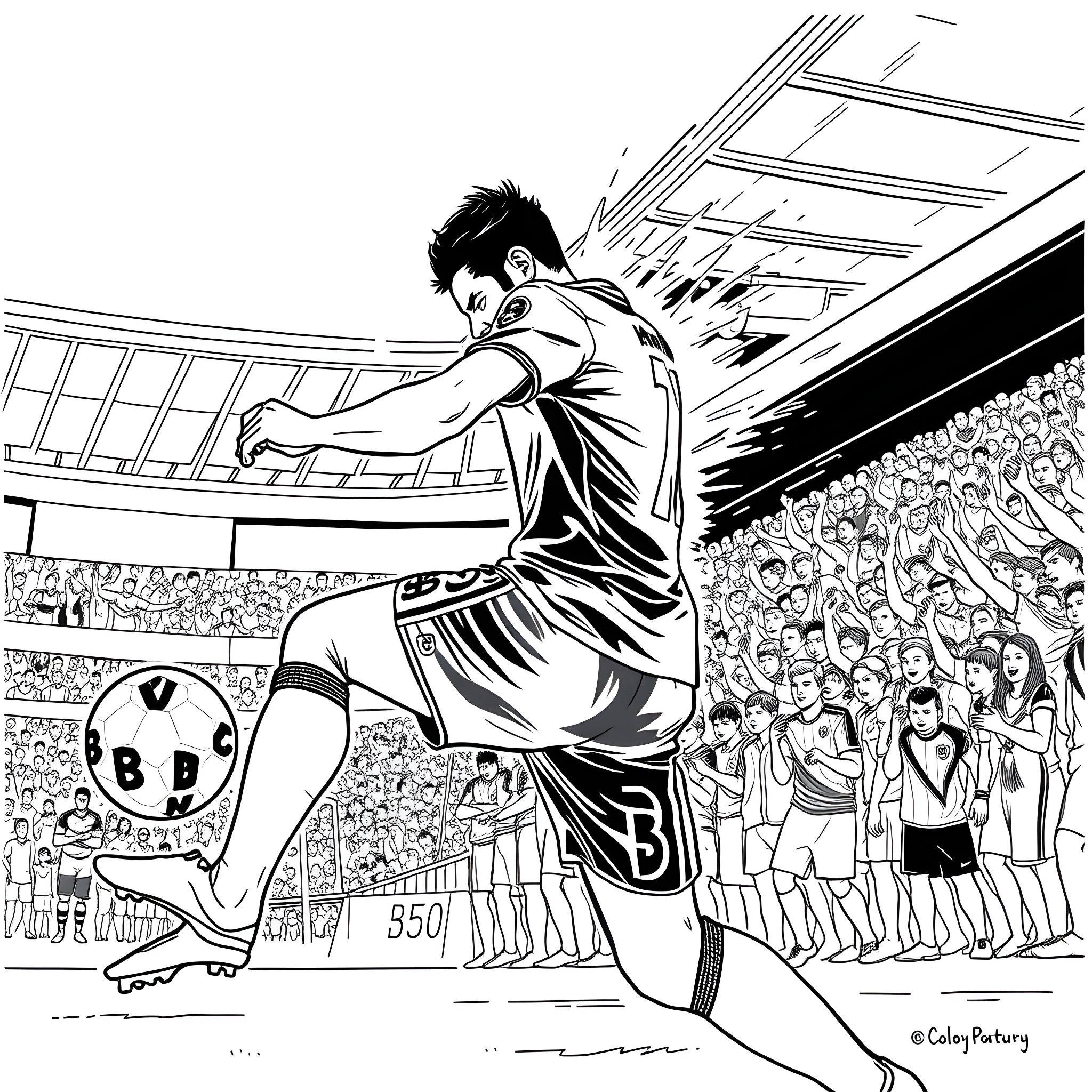 Player celebrating soccer goal on field Coloring Page (free black-and-white line drawing printable PDF for all, from beginners to advanced learners, including children, teens, adults, and seniors)