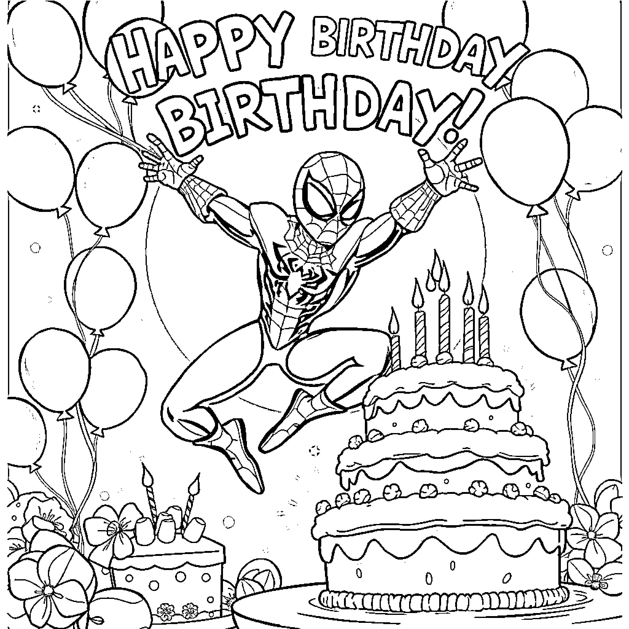 Spiderman celebrates a birthday with cake and balloons Coloring Page (free black-and-white line drawing printable PDF for all, from beginners to advanced learners, including children, teens, adults, and seniors)