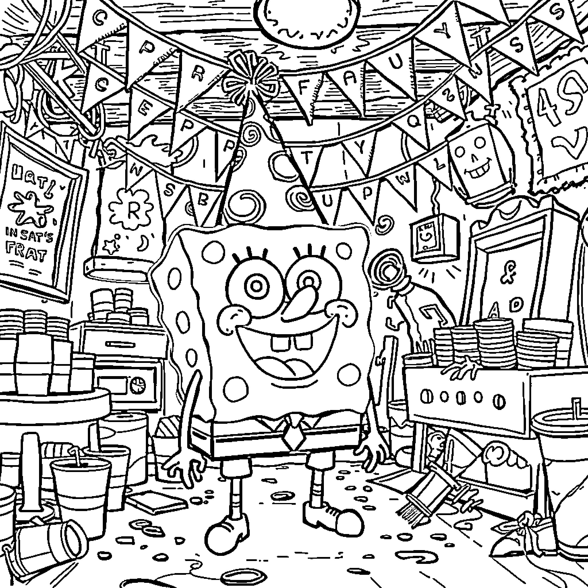 Spongebob's Silly Celebration in Bikini Bottom Coloring Page (free black-and-white line drawing printable PDF for all, from beginners to advanced learners, including children, teens, adults, and seniors)
