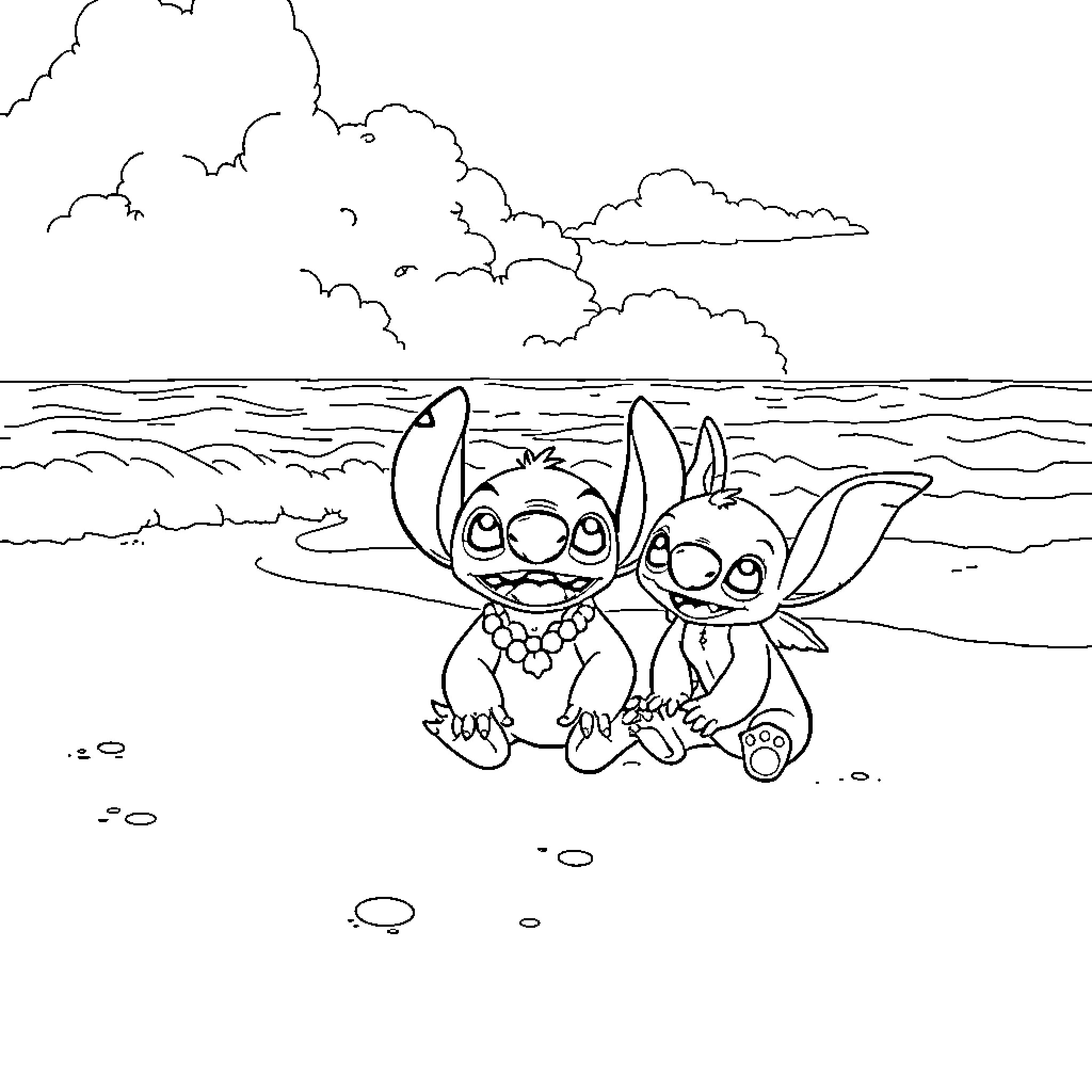 Lilo and Stitch playing on the beach Coloring Page (free black-and-white line drawing printable PDF for all, from beginners to advanced learners, including children, teens, adults, and seniors)