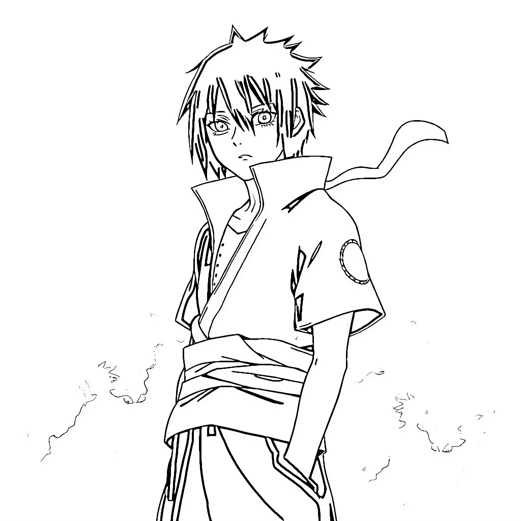 Itachi's Decisive Stance in the Mist Coloring Page (free black-and-white line drawing printable PDF for all, from beginners to advanced learners, including children, teens, adults, and seniors)