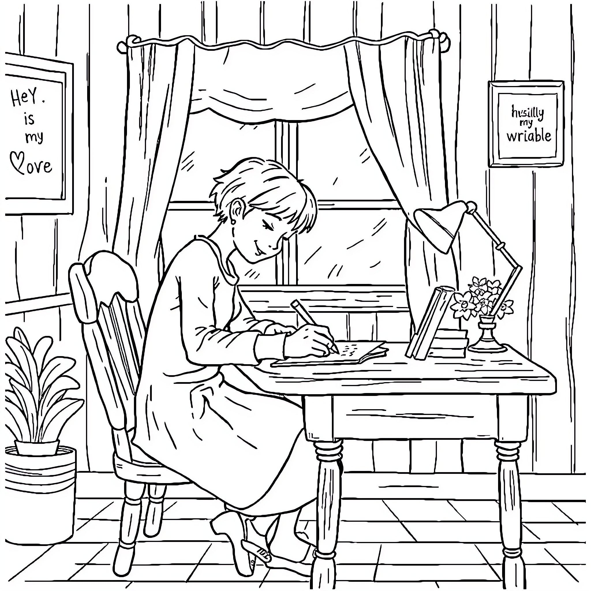 Letter of Love Written at Desk Coloring Page (free black-and-white line drawing printable PDF for all, from beginners to advanced learners, including children, teens, adults, and seniors)