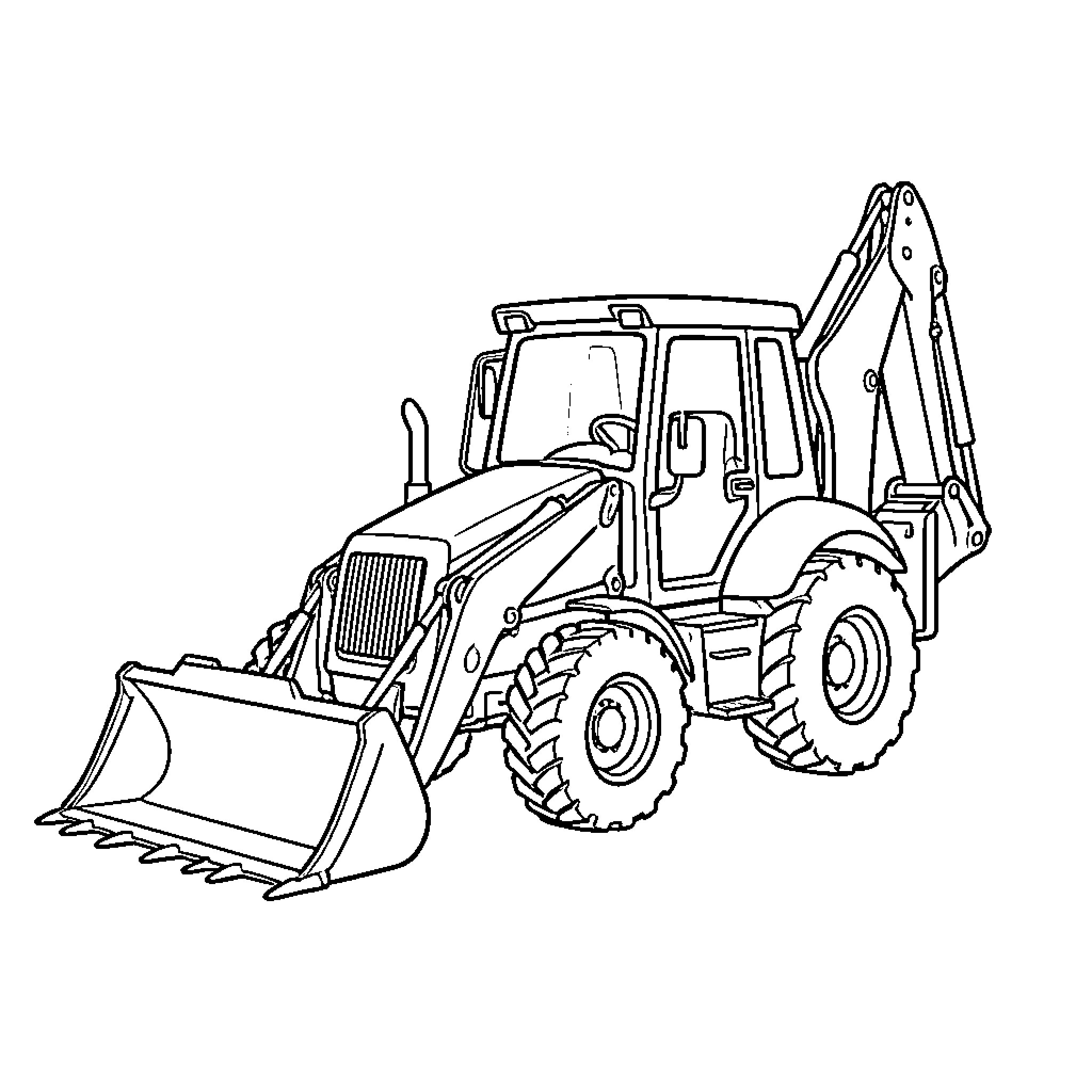 Backhoe Loader parked on a flat surface Coloring Page (free black-and-white line drawing printable PDF for all, from beginners to advanced learners, including children, teens, adults, and seniors)