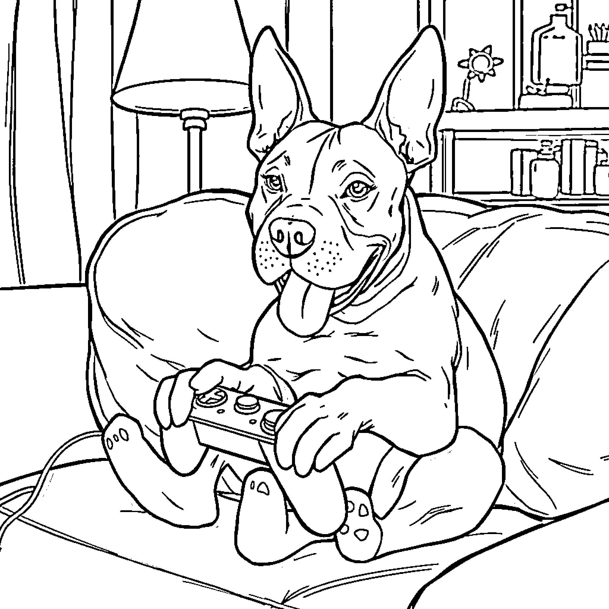 Pitbull playing video games on the couch Coloring Page (free black-and-white line drawing printable PDF for all, from beginners to advanced learners, including children, teens, adults, and seniors)
