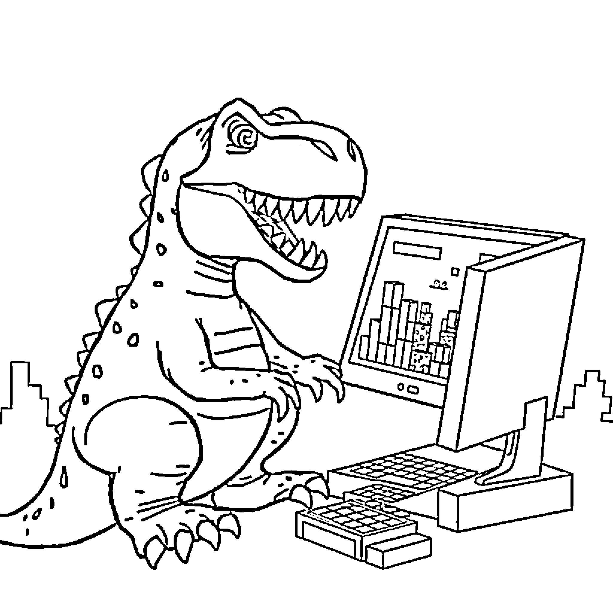 T-Rex playing with computer in the city Coloring Page (free black-and-white line drawing printable PDF for all, from beginners to advanced learners, including children, teens, adults, and seniors)