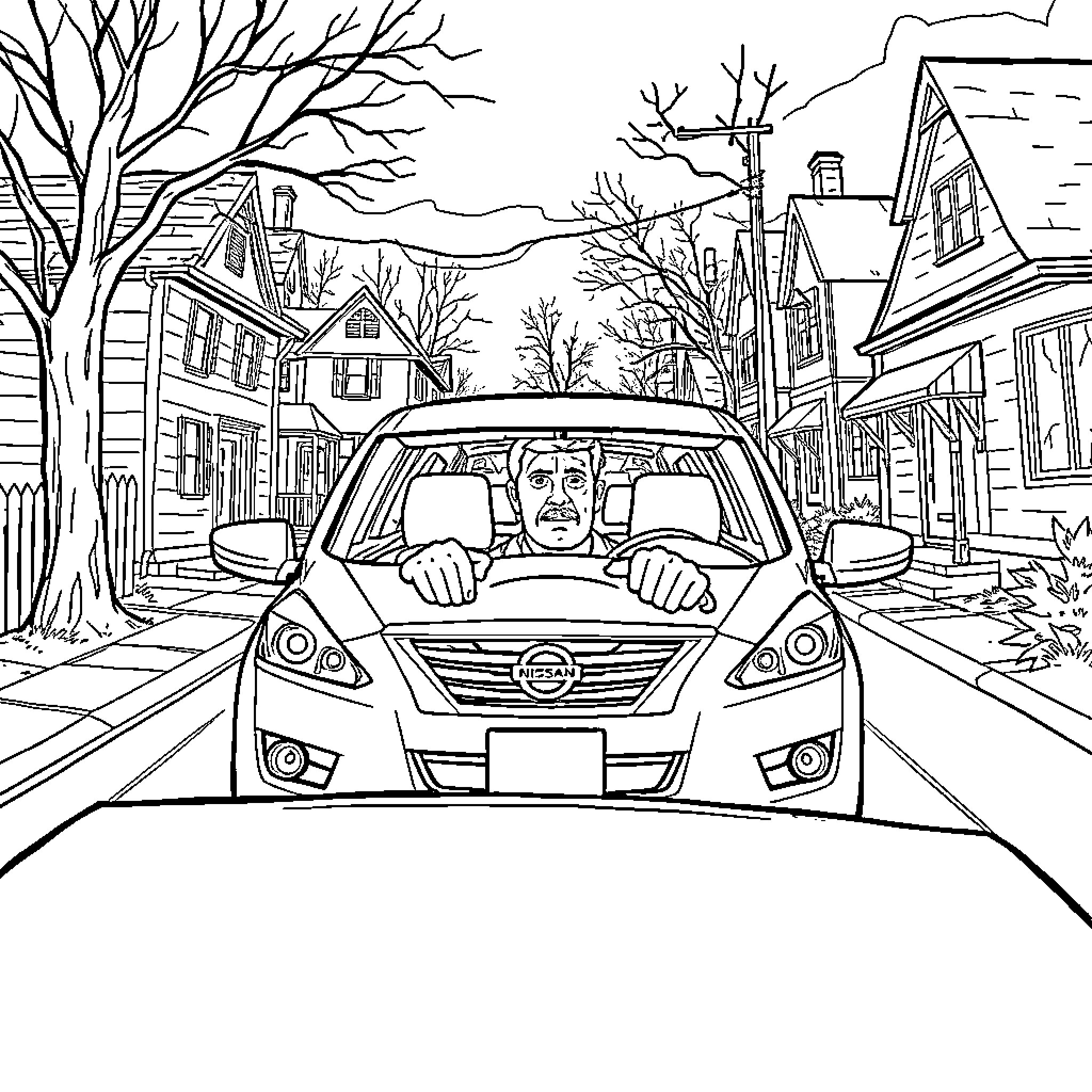 Man driving car on a snowy suburban street Coloring Page (free black-and-white line drawing printable PDF for all, from beginners to advanced learners, including children, teens, adults, and seniors)