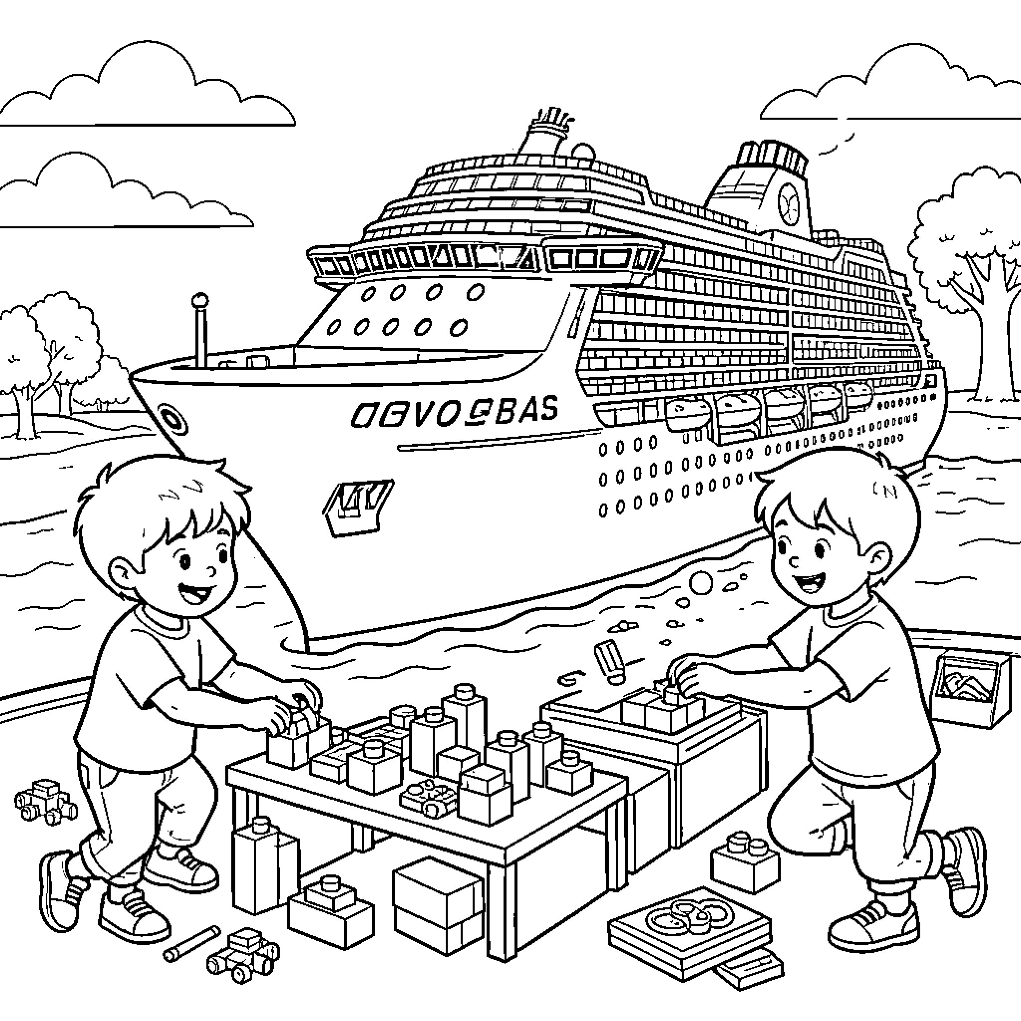 Child playing happily with building blocks near cruise ship Coloring Page (free black-and-white line drawing printable PDF for all, from beginners to advanced learners, including children, teens, adults, and seniors)