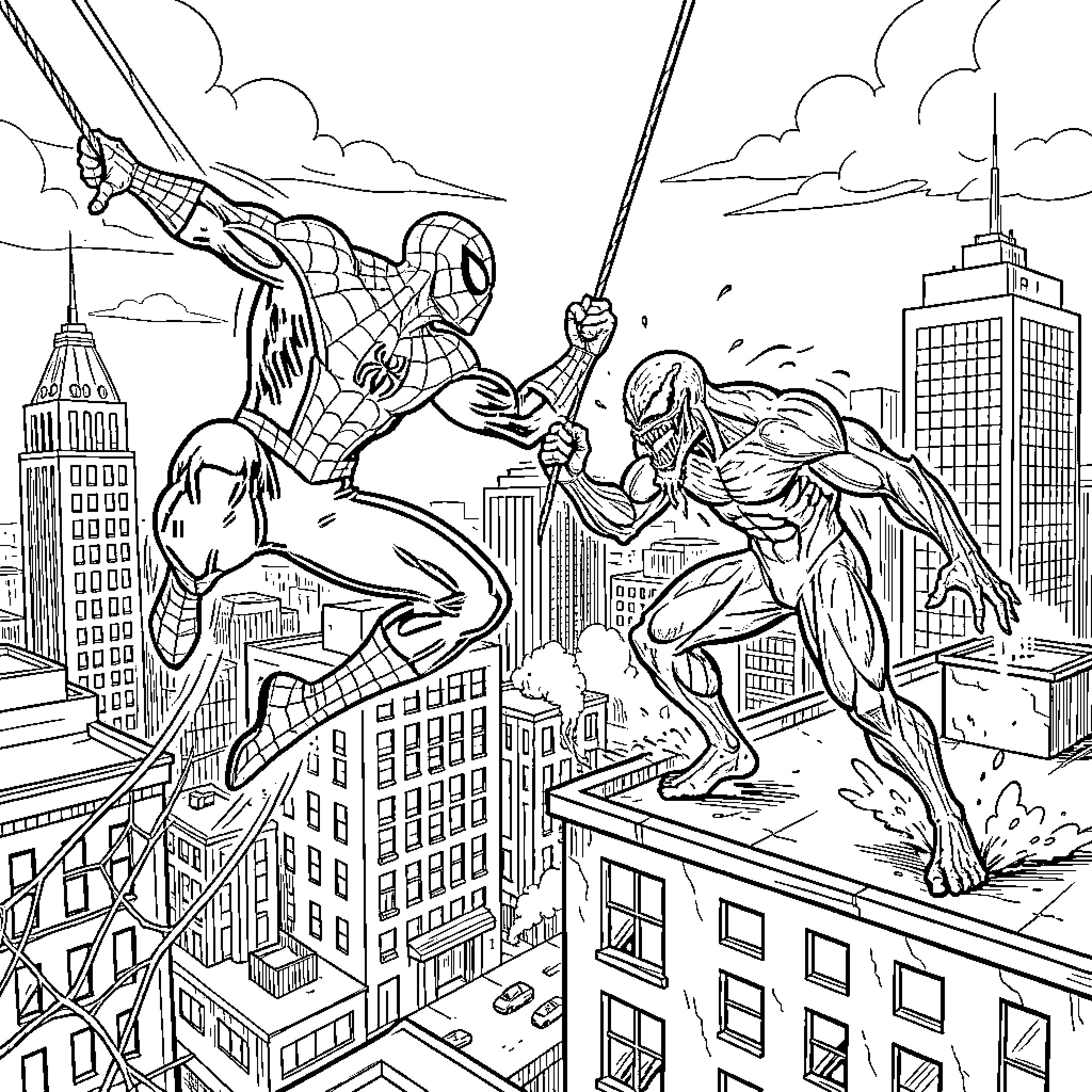 Spider-Man swinging into action against a foe Coloring Page (free black-and-white line drawing printable PDF for all, from beginners to advanced learners, including children, teens, adults, and seniors)